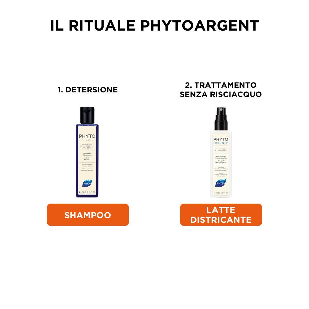 Deux produits : shampooing et lait sans rinçage. Texte : Il Rituale PHYTOARGENT. Textes italiens.
