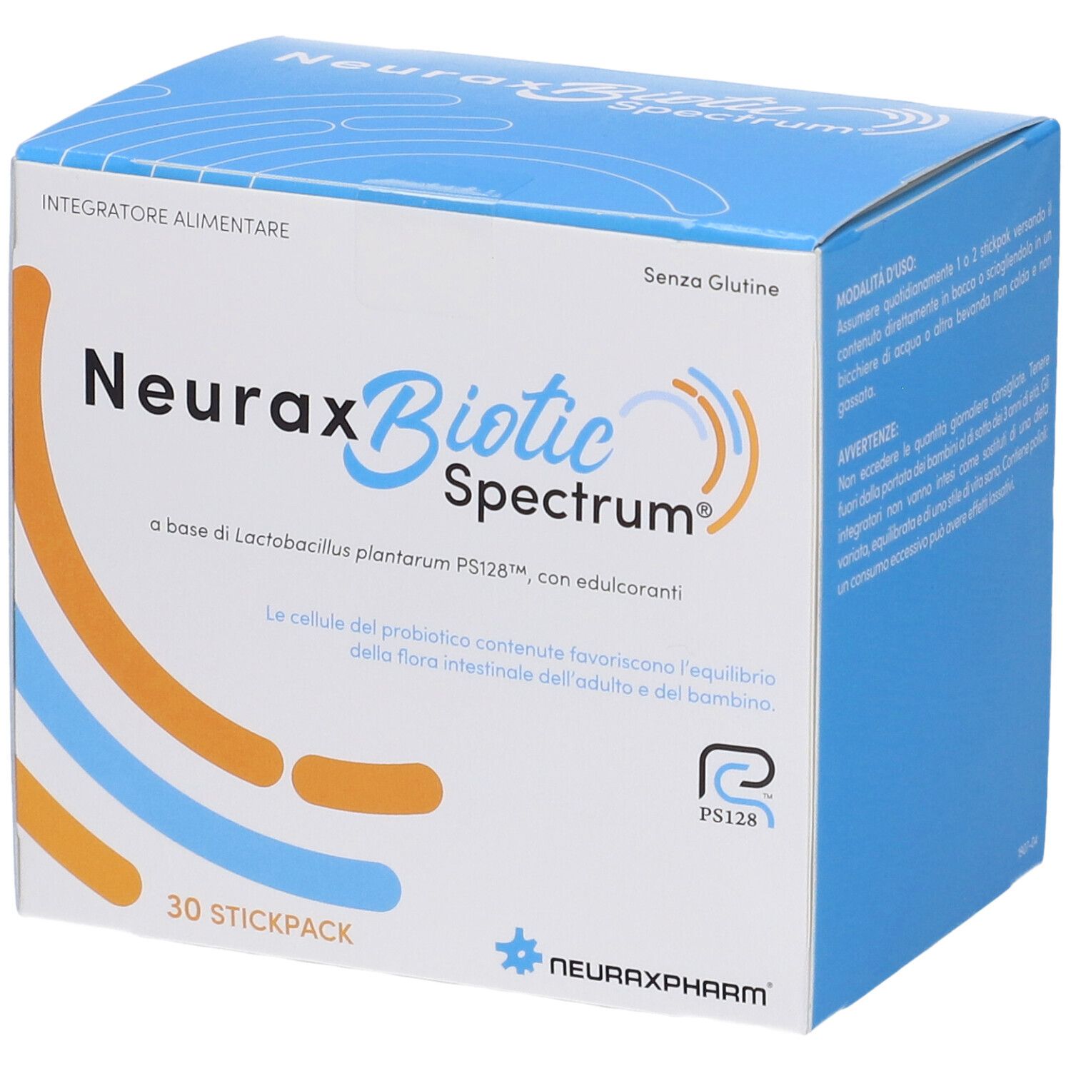 Karton mit Neuraxbiotic Spectrum. Blaue und orangefarbene Grafik. 30 Stickpacks. Glutenfrei.