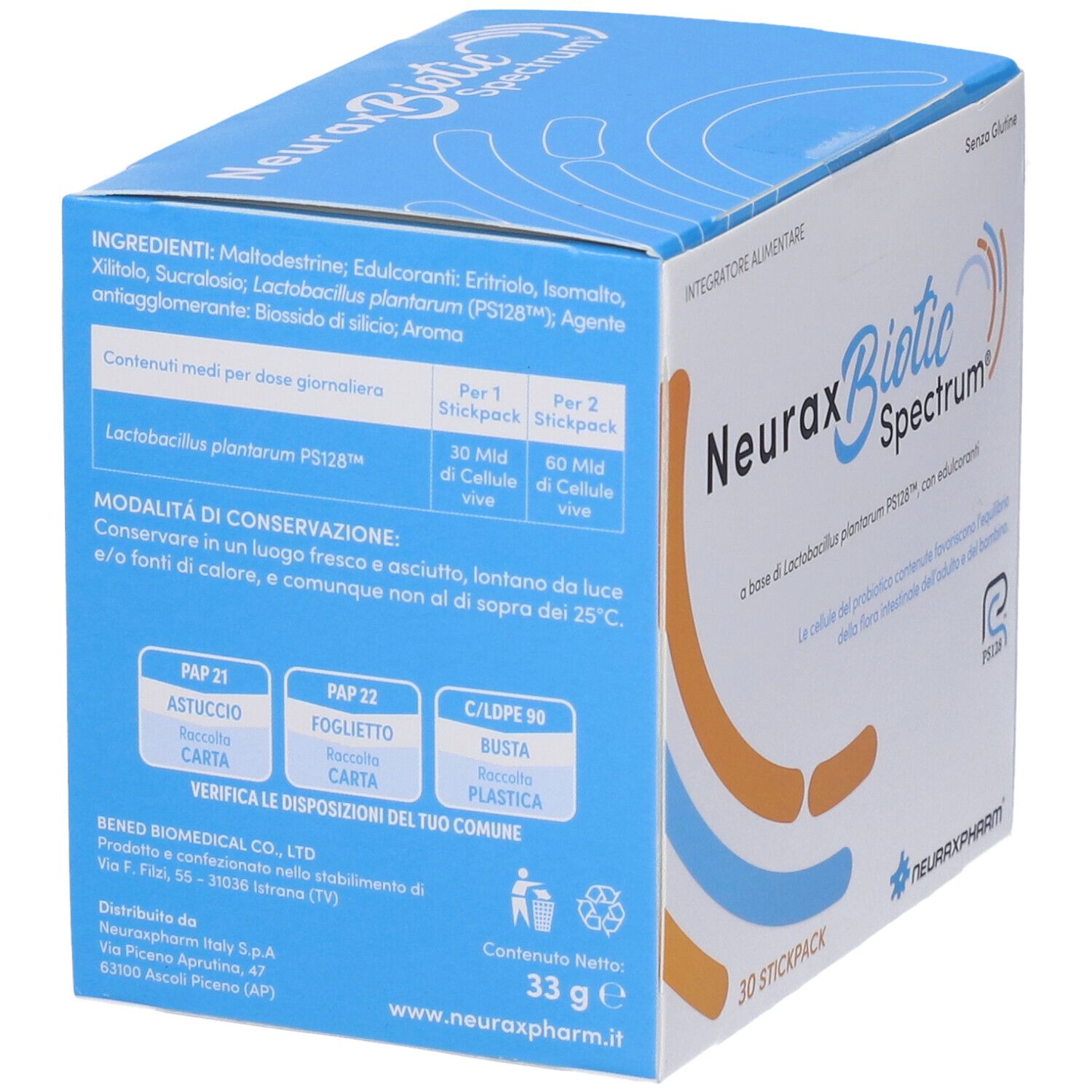 Rückseite der Neuraxbiotic Spectrum-Box. Zutatenliste, Lagerungshinweise. 30 Stickpacks. Glutenfrei.