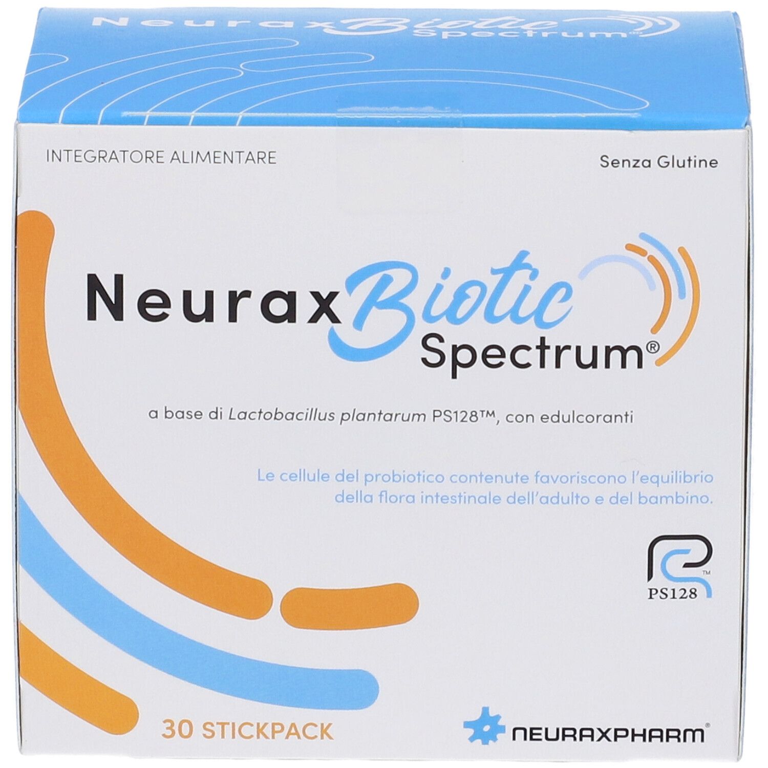 Neuraxbiotic Spectrum-Box. 30 Stickpacks. Blaue und orangefarbene Grafik. Glutenfrei.