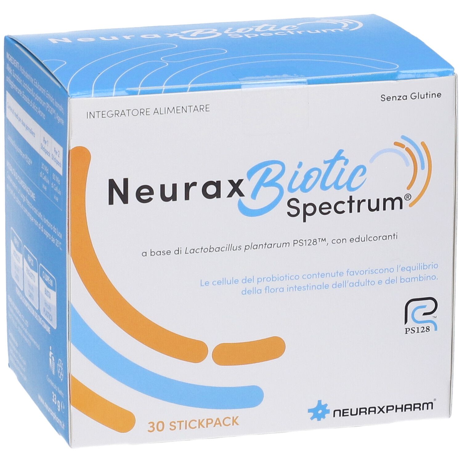 Neuraxbiotic Spectrum-Box. 30 Stickpacks. Blaue und orangefarbene Grafik. Glutenfrei.