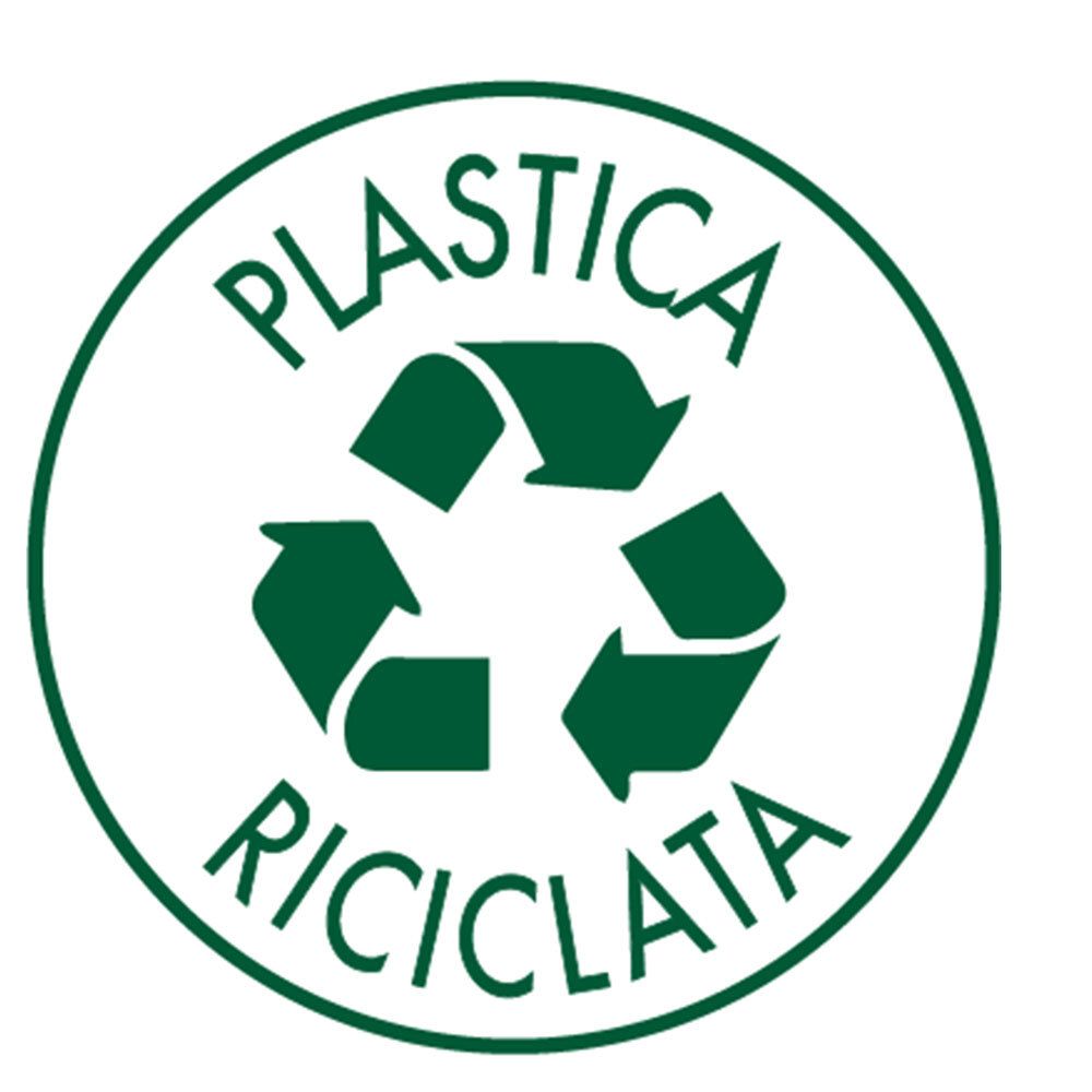 Autocollant rond avec symbole de recyclage vert et texte: PLASTICA RICICLATA.