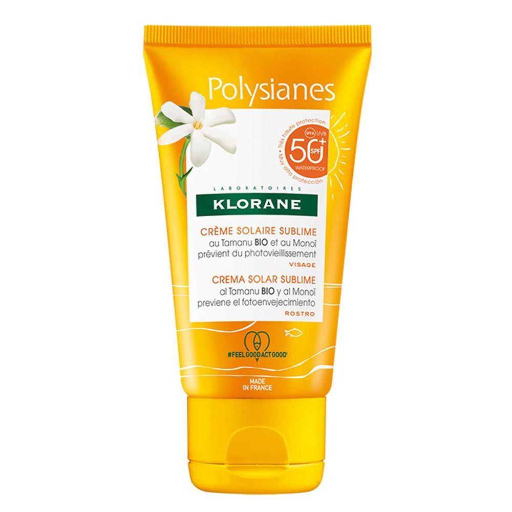Tube de crème solaire jaune. Inscriptions Polysianes, Klorane. Fleur et logo SPF 50+. Inscriptions en français.