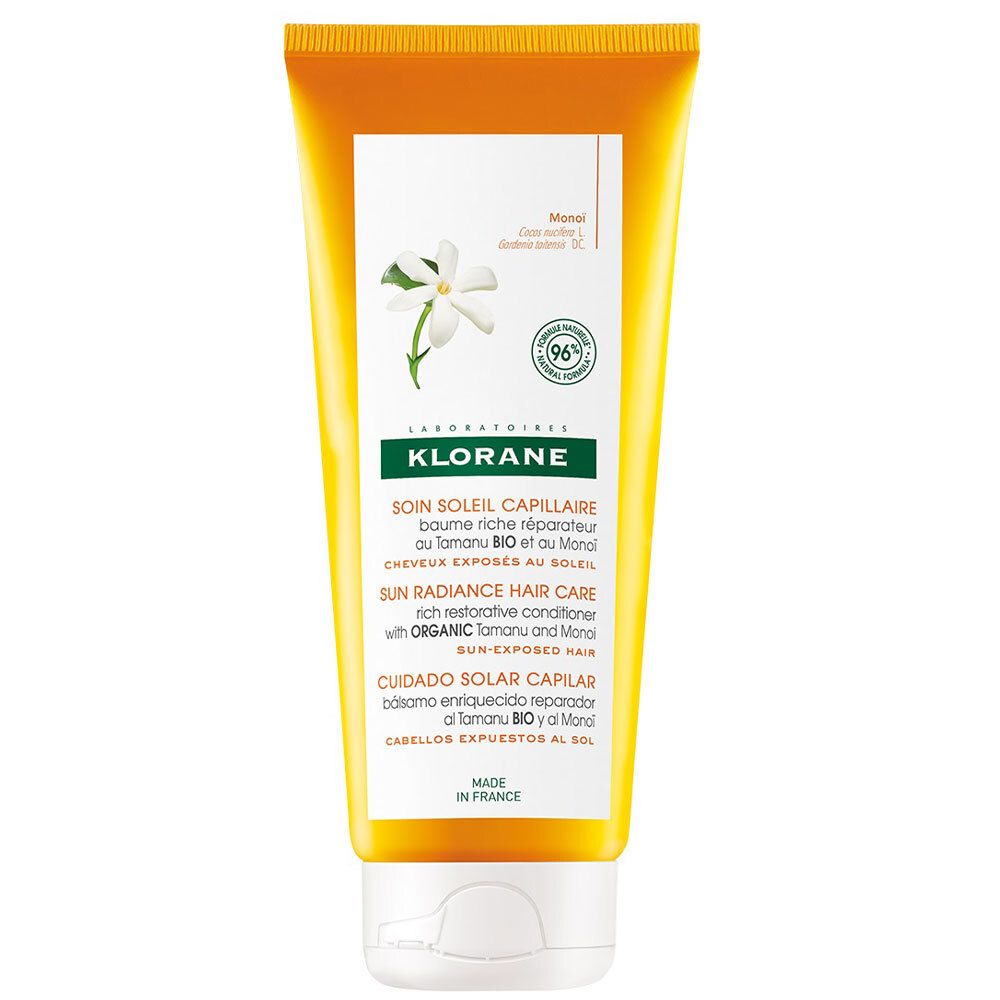 Gelbe Tube mit weißem Verschluss. Text: KLORANE, Sun Radiance Hair Care. Enthält Tamanu BIO und Monoi. 96% Inhaltsstoffe natürlichen Ursprungs.