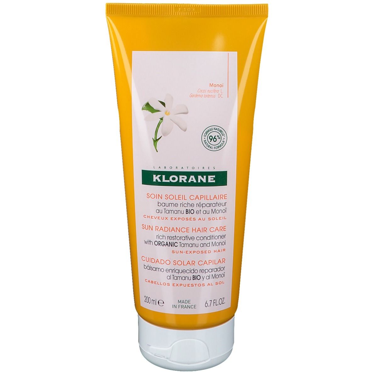 Gelbe Tube mit weißem Verschluss. Text: KLORANE, Sun Radiance Hair Care. Enthält Tamanu BIO und Monoi. Volumen: 200ml / 6.7 FL OZ.