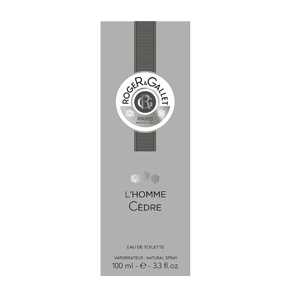 Emballage gris Roger & Gallet L'Homme Cèdre. Logo, texte et nom du produit.