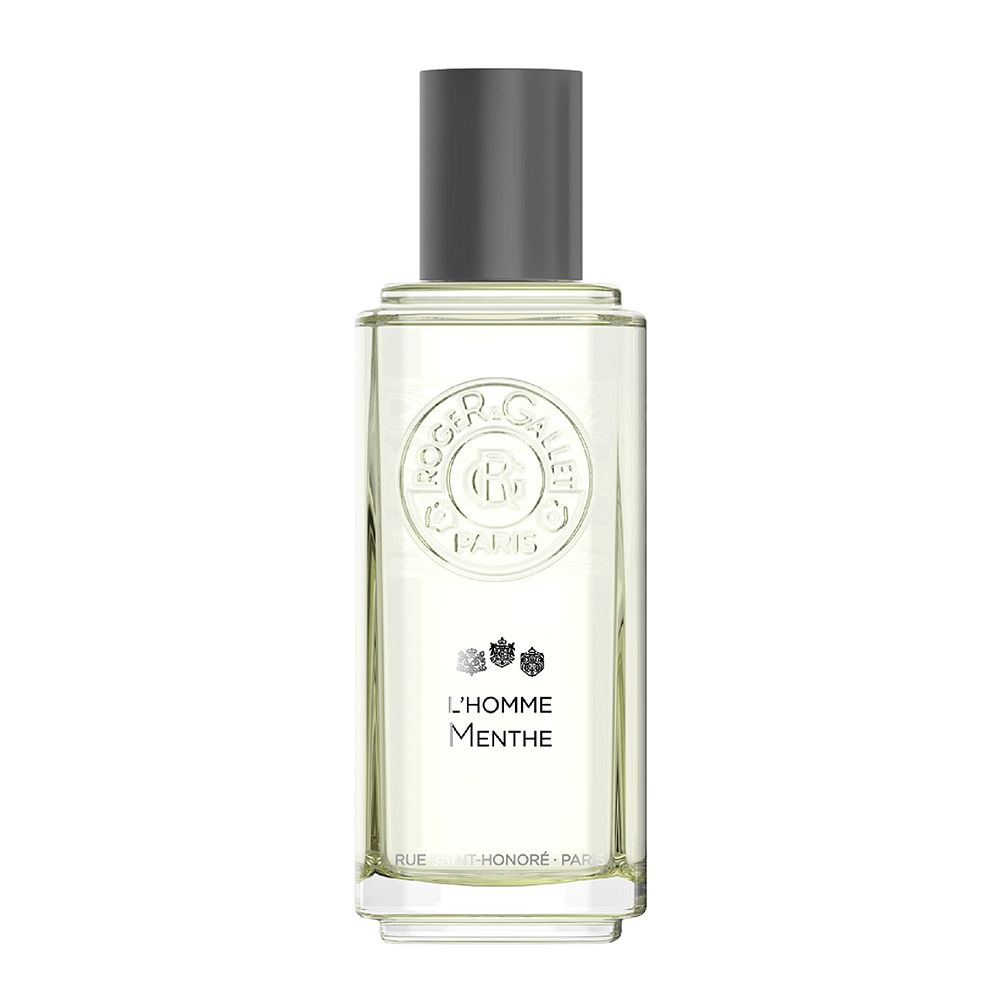 Flacon Roger & Gallet L'Homme Menthe Eau de toilette. Forme rectangulaire, contenant transparent, bouchon gris.