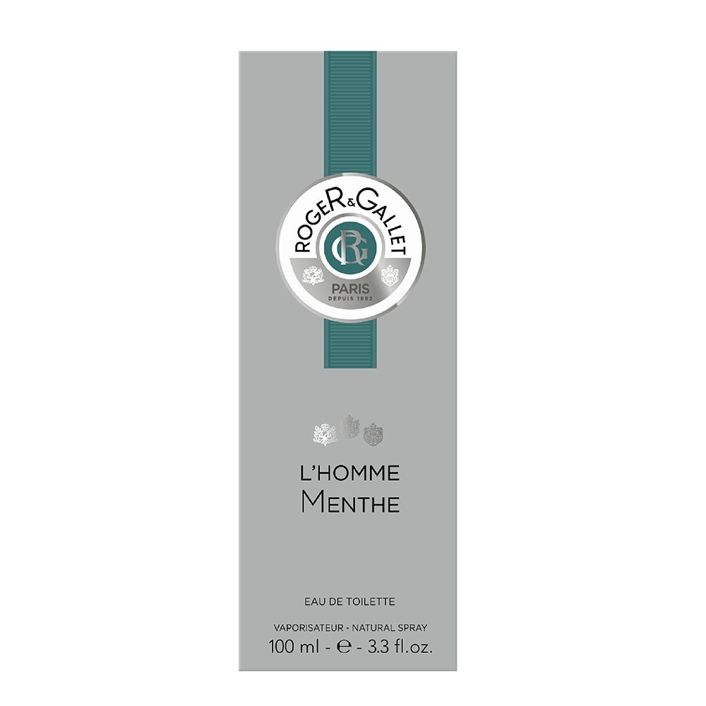 Emballage Roger & Gallet L'Homme Menthe Eau de toilette. Boîte grise avec nom du produit et logo.