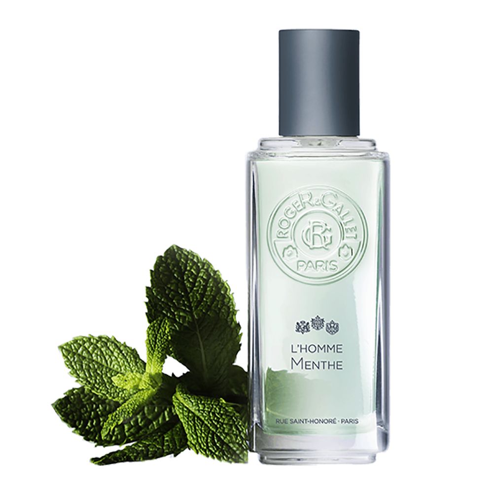Flacon Roger & Gallet L'Homme Menthe Eau de toilette avec feuilles de menthe. Forme rectangulaire, transparent.