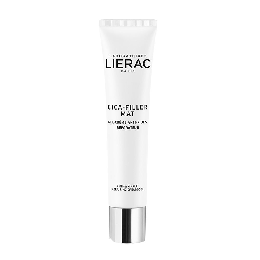 Tube blanche avec bouchon argenté. Inscription: LIERAC, CICA-FILLER MAT, Gel-Crème Anti-Rides. Anti-Wrinkle Repairing Cream-Gel.