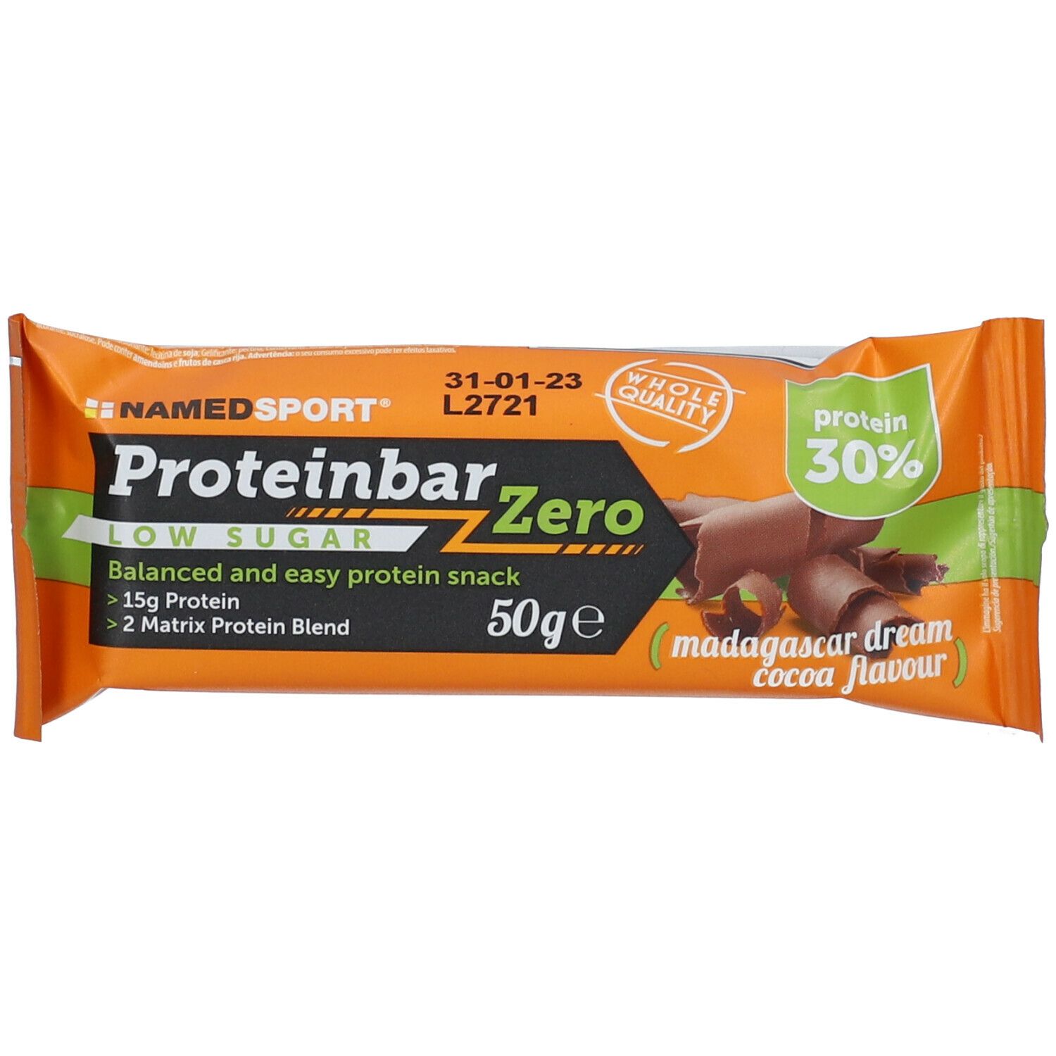 Proteinriegel mit 30% Protein. Orangefarbene Verpackung mit Produktbezeichnung, Geschmacksangabe und Nährwertangaben. Enthält 50g.