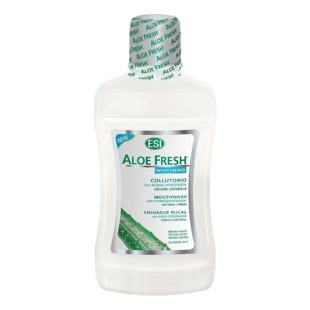 Bain de bouche ESI Aloe Fresh. Bouteille blanche avec étiquette. Contient de l'aloe vera. Inscriptions visibles : 'Whitening', 'Mouthwash'.
