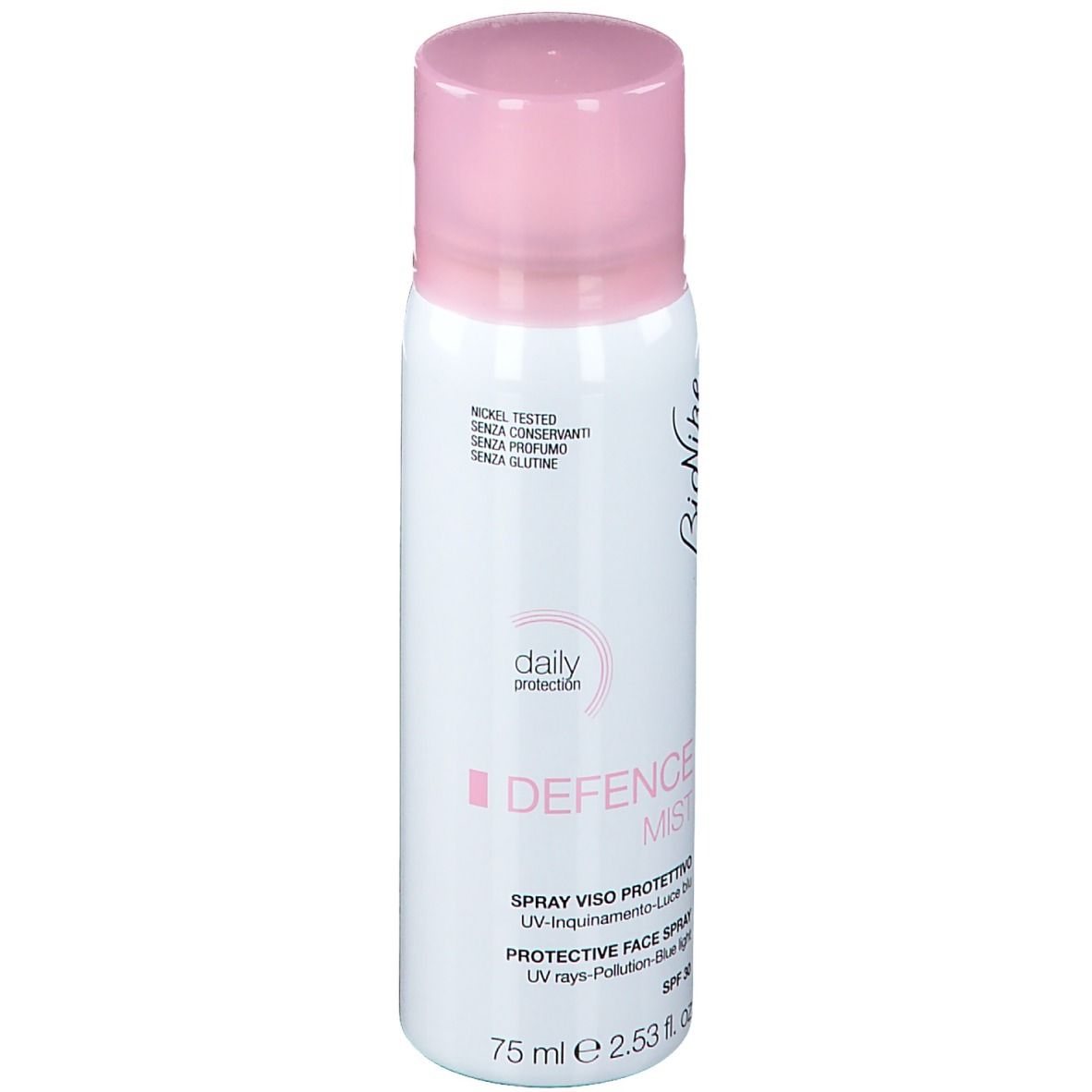 Spray blanc avec bouchon rose. Inscription : Defence Mist, Protective Face Spray, 75 ml.