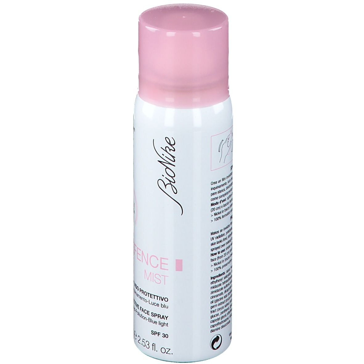 Spray blanc avec bouchon rose. Inscription : BioNike, Defence Mist, SPF 30, 2.53 fl. oz.