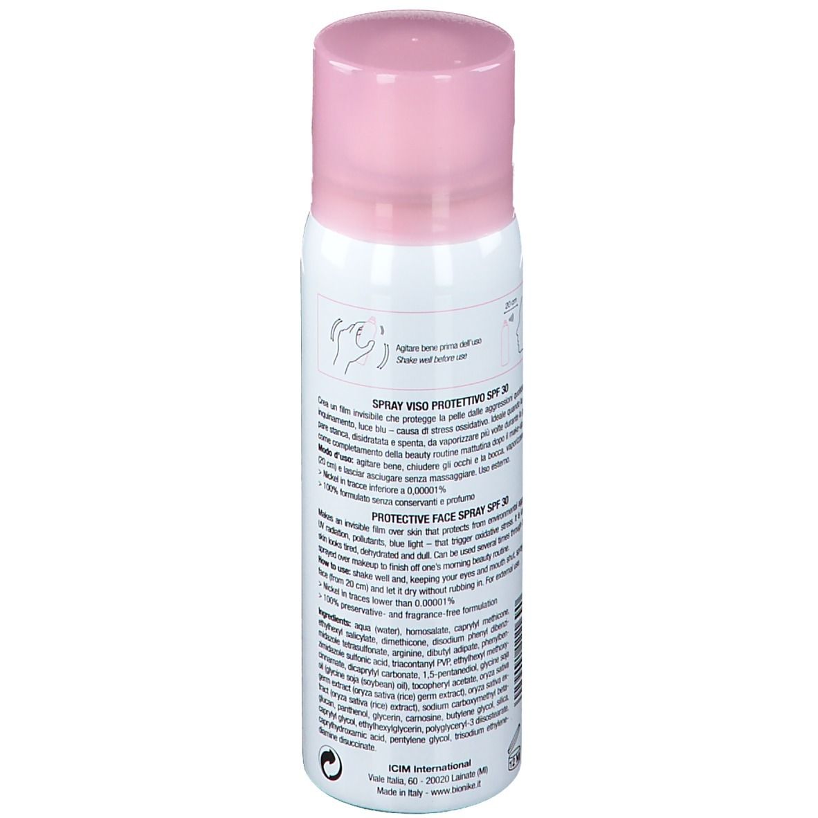 Spray blanc avec bouchon rose. Dos avec ingrédients et instructions d'utilisation.