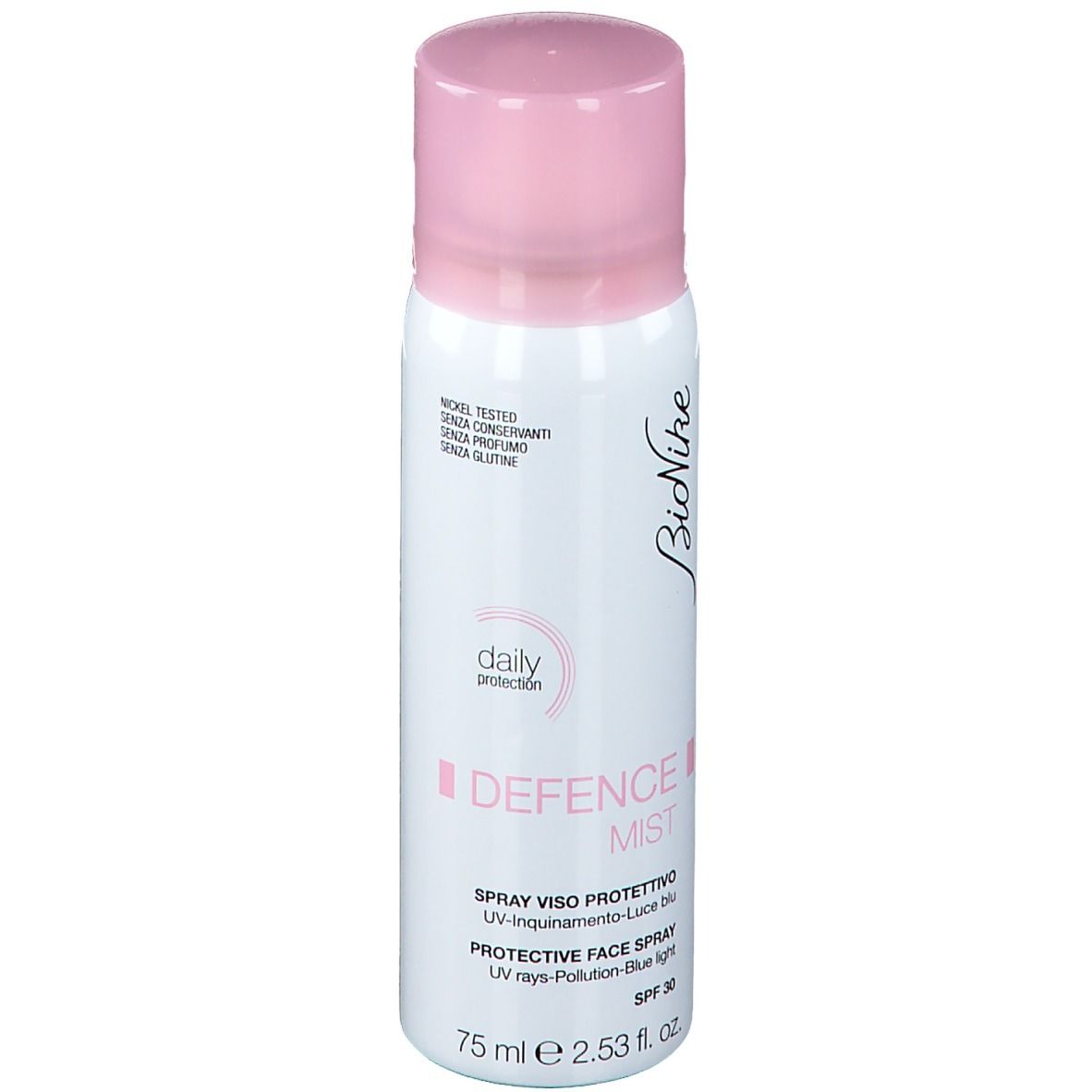 Spray blanc avec bouchon rose. Inscription : BioNike, Defence Mist, Protective Face Spray, 75 ml.