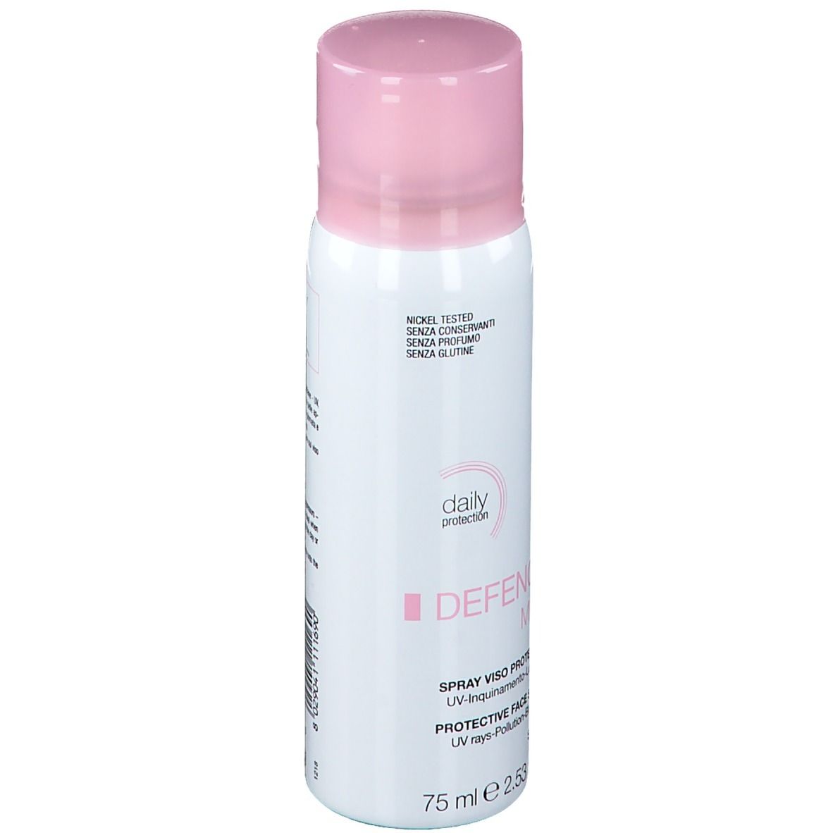 Spray blanc avec bouchon rose. Inscription : Defence Mist, Protective Face Spray, 75 ml.