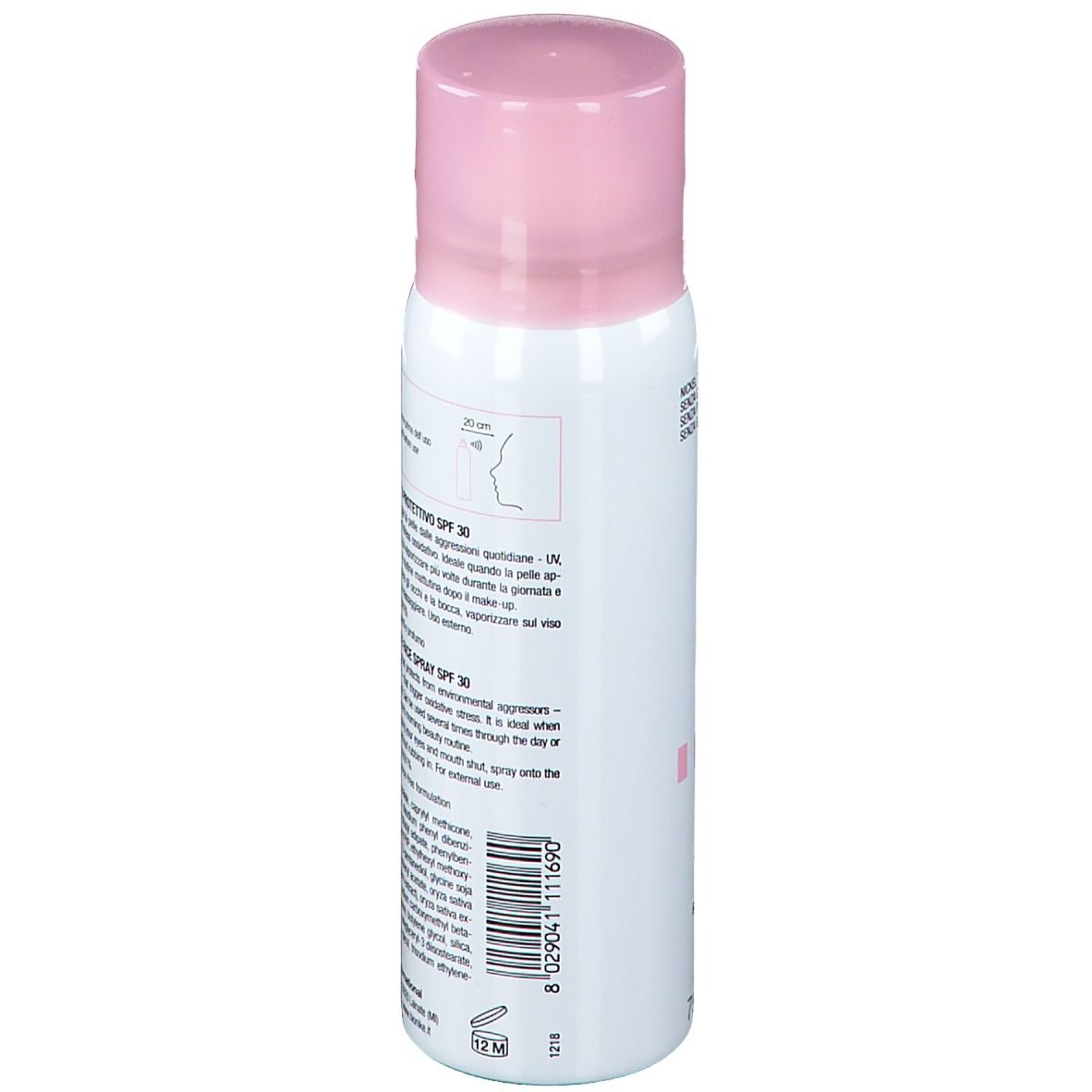 Spray blanc avec bouchon rose. Dos avec texte, code-barres et instructions d'utilisation.