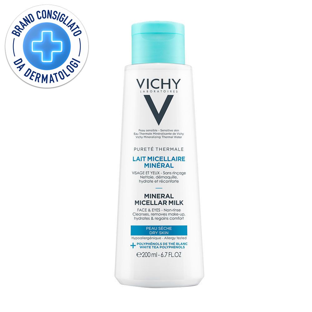 Weiße Flasche mit blauem Verschluss. Aufschrift: VICHY, Pureté Thermale, Mineral Mizellen Reinigungsmilch. Siegel: Brand Consigliato da Dermatologi.