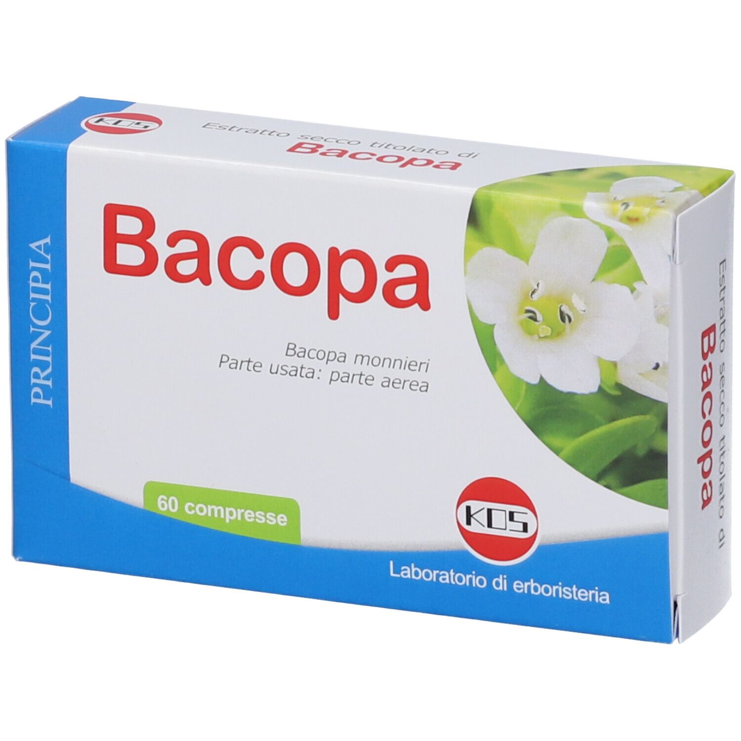 Boîte de comprimés de Bacopa. Inscription "Bacopa" en rouge. Logo KOS et illustration florale. Contient 60 comprimés.