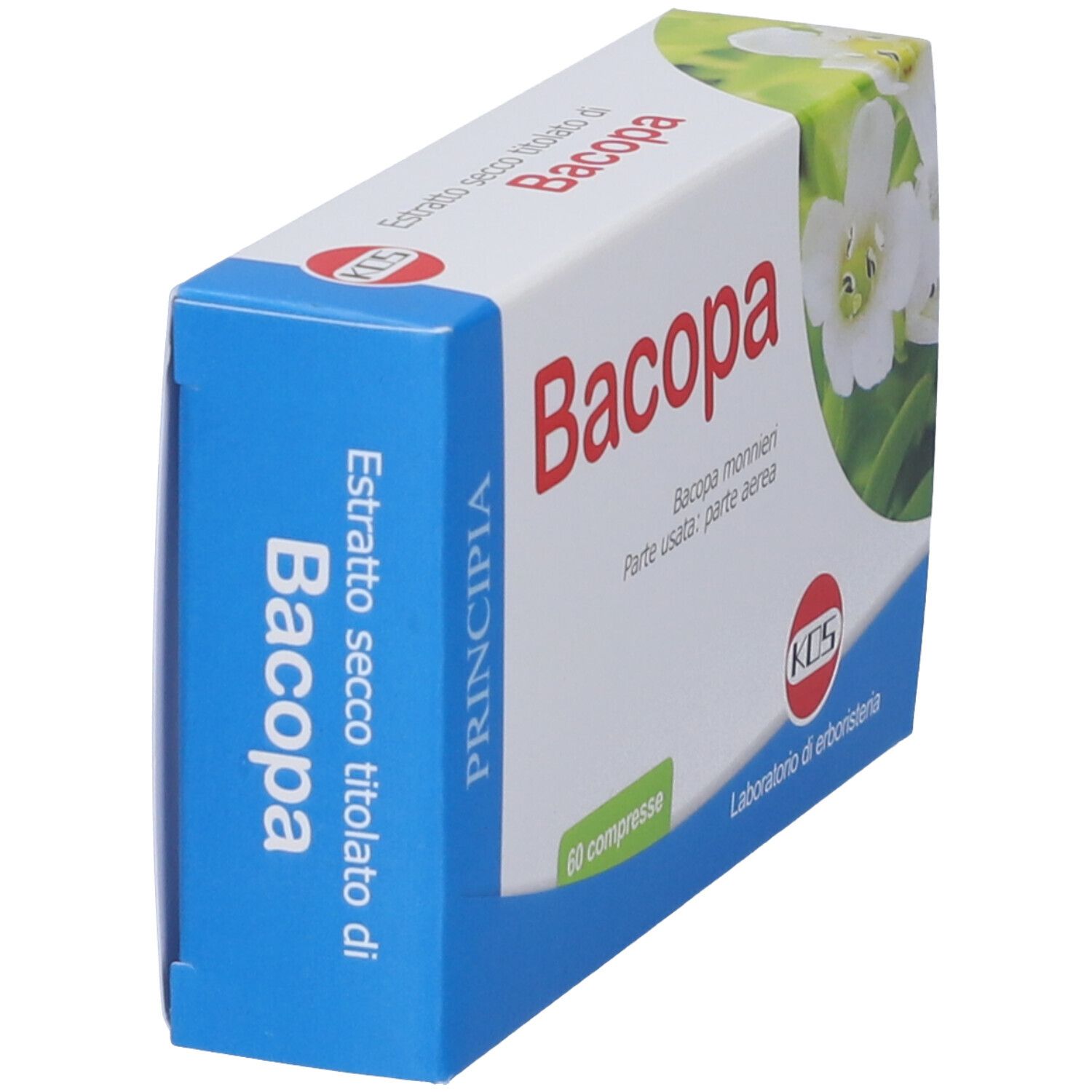 Boîte de comprimés de Bacopa, vue en biais. Inscription "Bacopa" en rouge. Logo KOS et illustration florale.