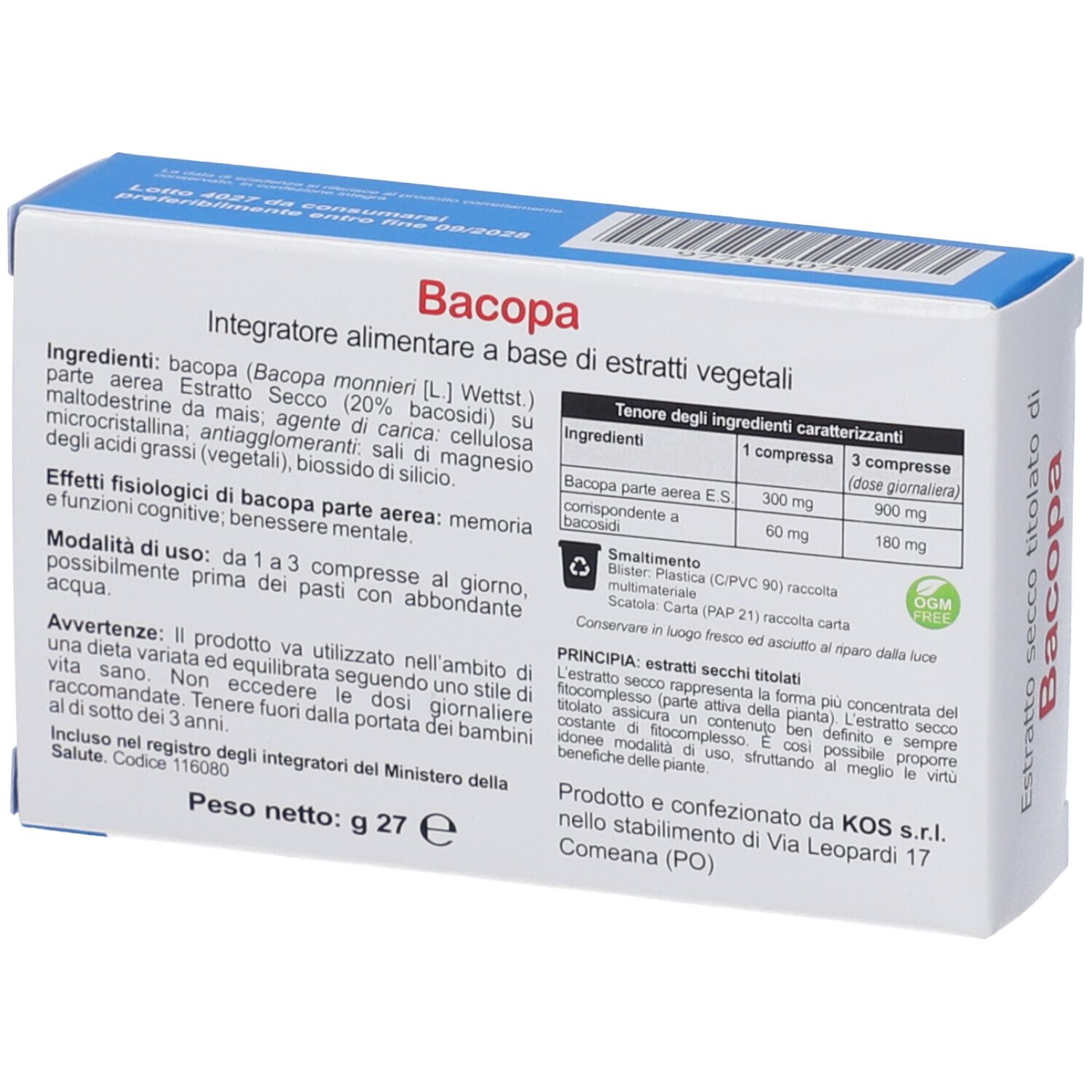 Dos de la boîte de comprimés de Bacopa. Texte avec ingrédients et instructions d'utilisation. Logo KOS et informations.