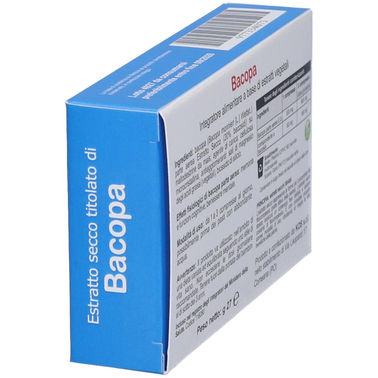 Vue en biais du dos de la boîte de Bacopa. Texte avec ingrédients et instructions. Logo KOS et informations.
