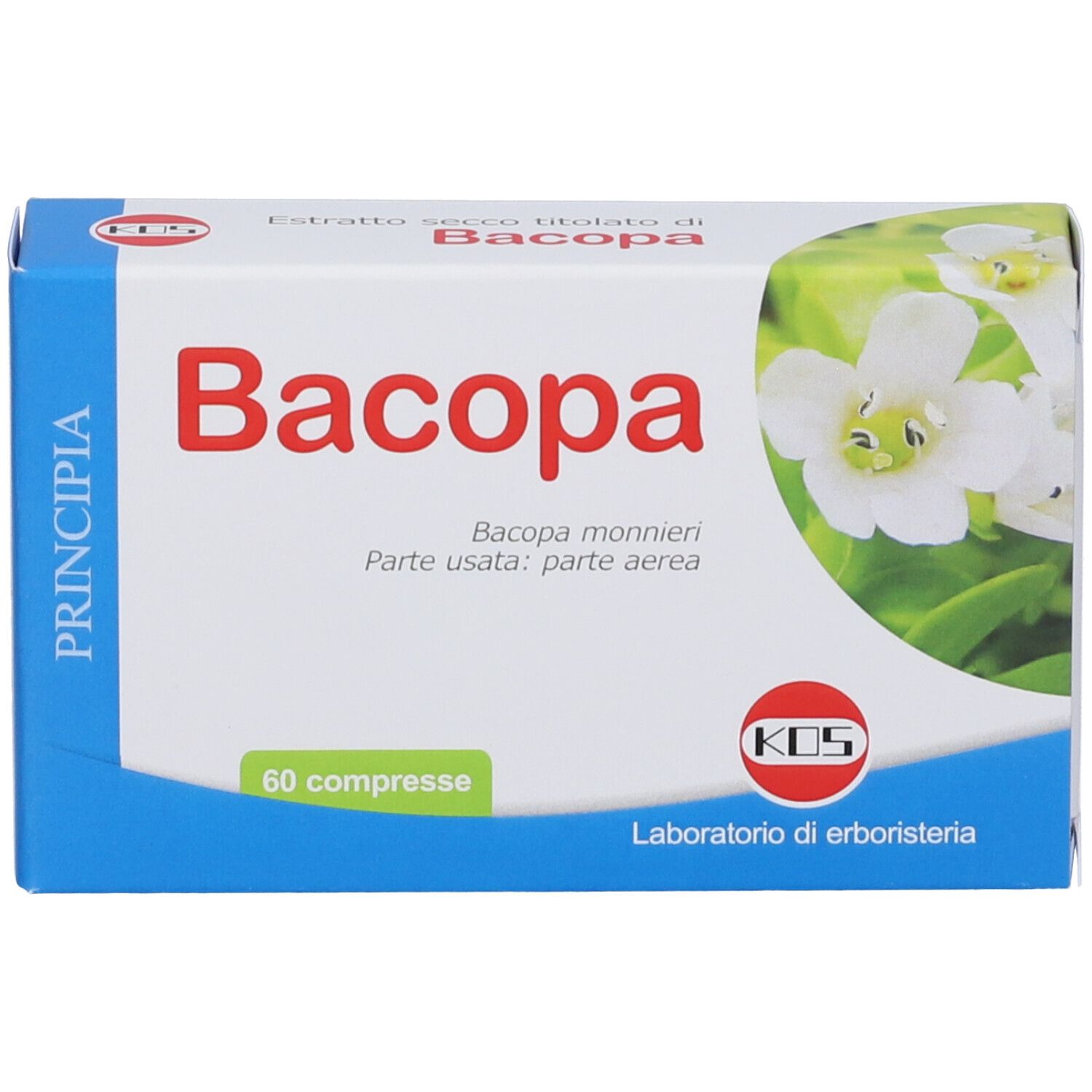 Boîte de comprimés de Bacopa. Inscription "Bacopa" en rouge. Logo KOS et illustration florale. Contient 60 comprimés.