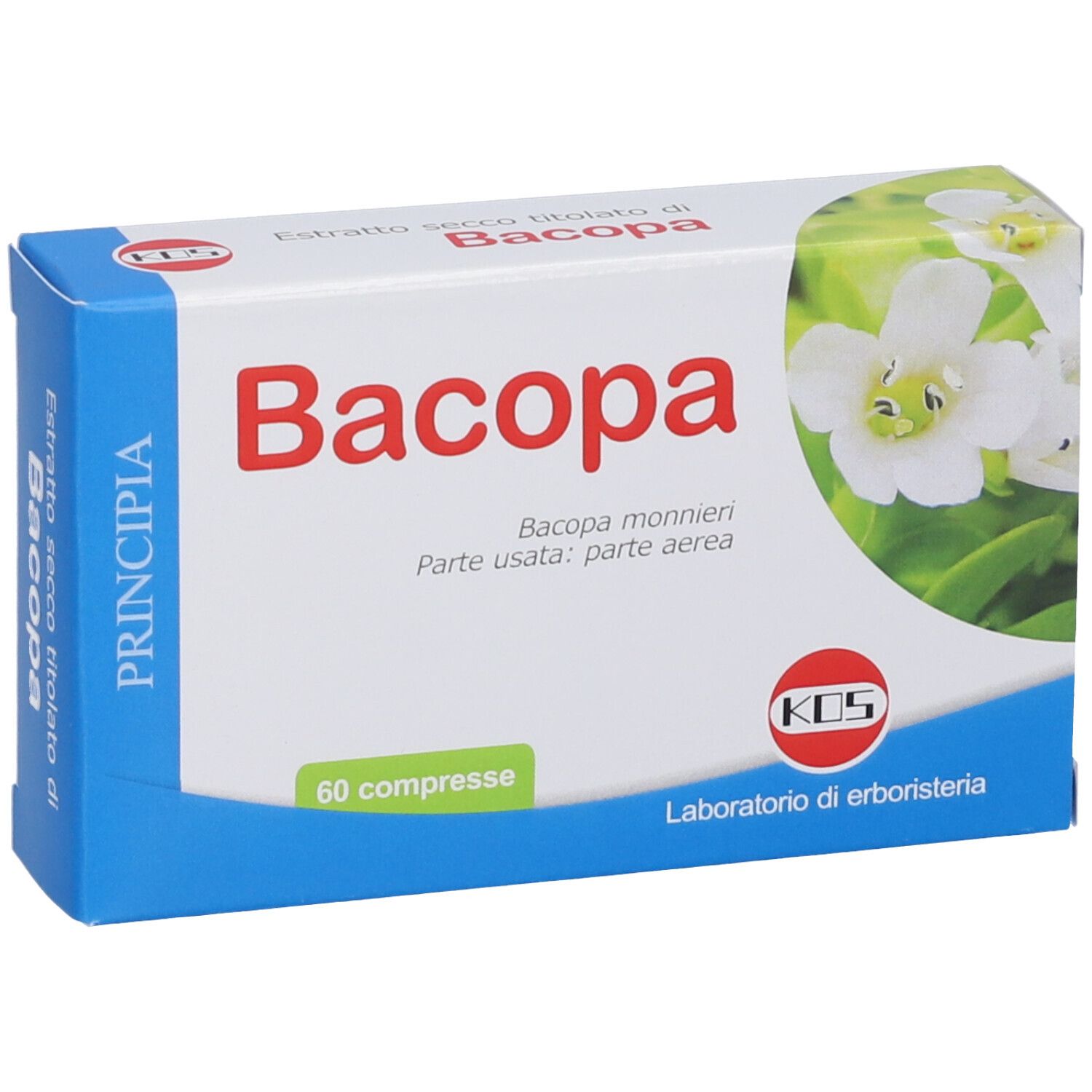 Boîte de comprimés de Bacopa. Inscription "Bacopa" en rouge. Logo KOS et illustration florale. Contient 60 comprimés.