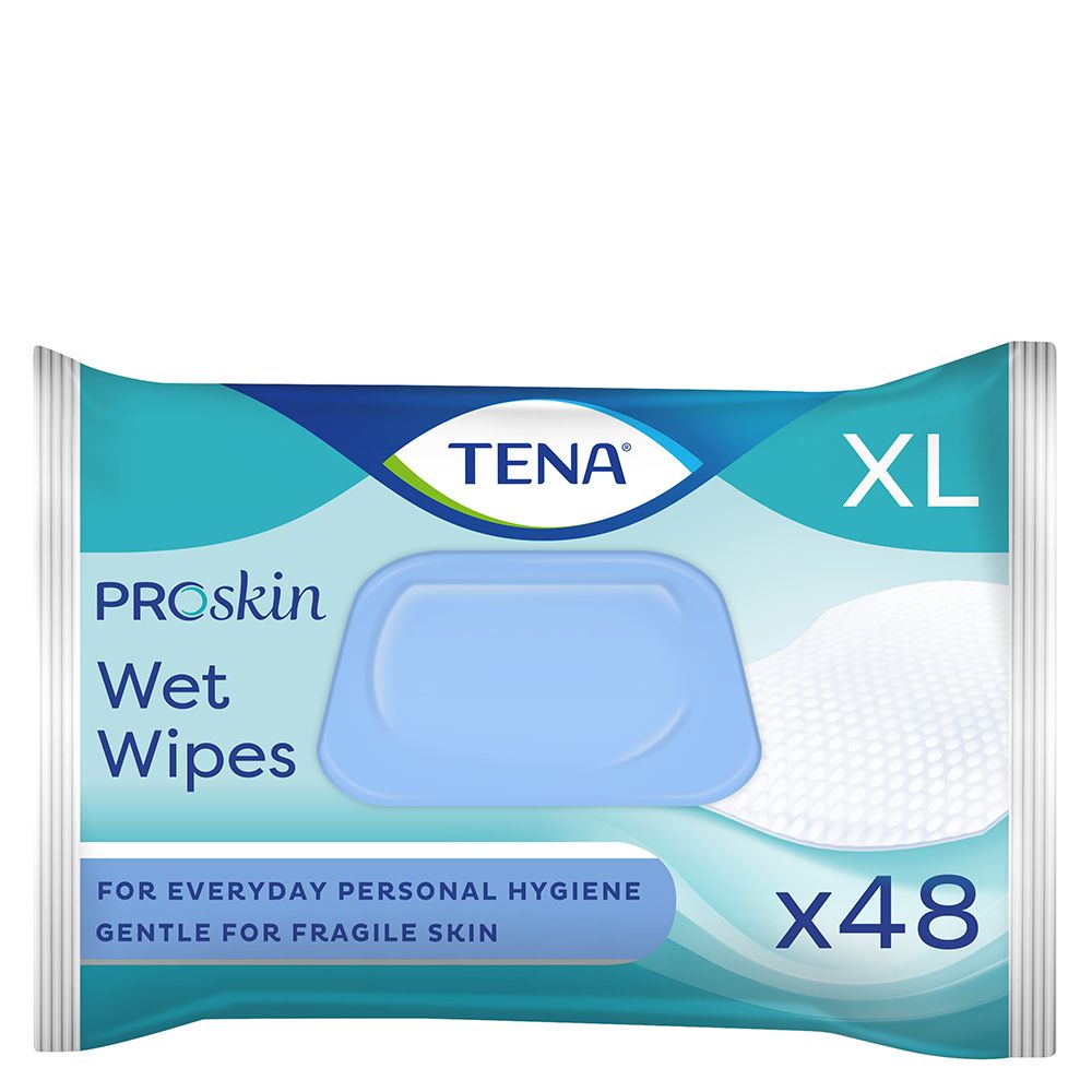 Verpackung TENA ProSkin Wet Wipes. Blau-weißes Design. Text: ProSkin Wet Wipes, 3in1, für tägliche Hygiene. XL-Packung mit 48 Tüchern.