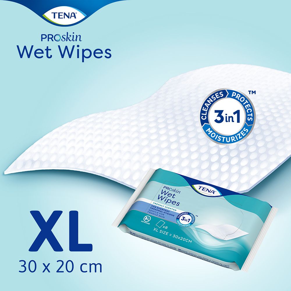 TENA ProSkin Wet Wipes Packung und einzelne Tücher. Text: 3in1, reinigt, schützt, befeuchtet. XL, 30 x 20 cm. Blau-weißes Design.