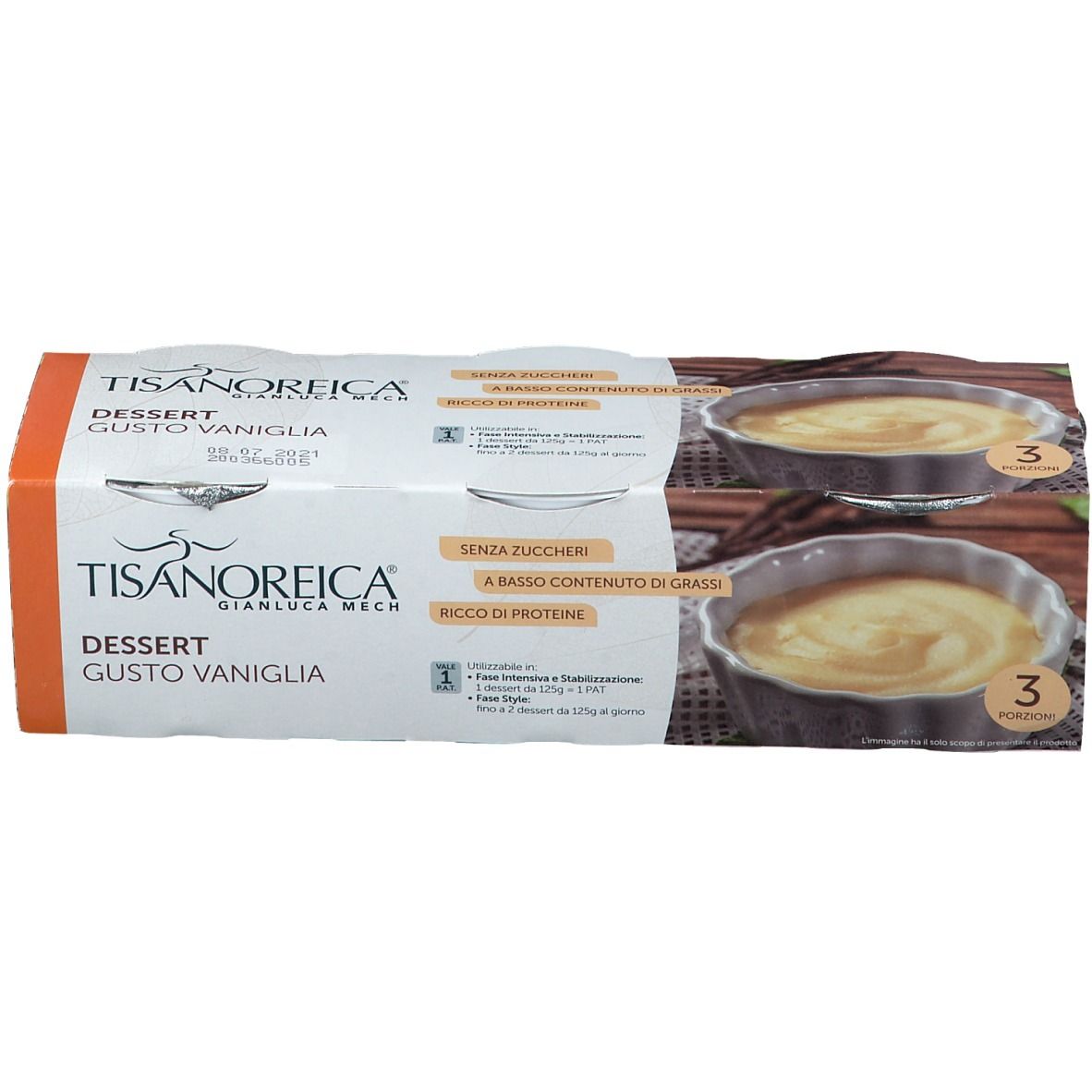 TISANOREICA® Dessert Vanille. Karton mit 3 Portionen. Aufschrift: "Senza zuccheri", "A basso contenuto di grassi", "Ricco di proteine".