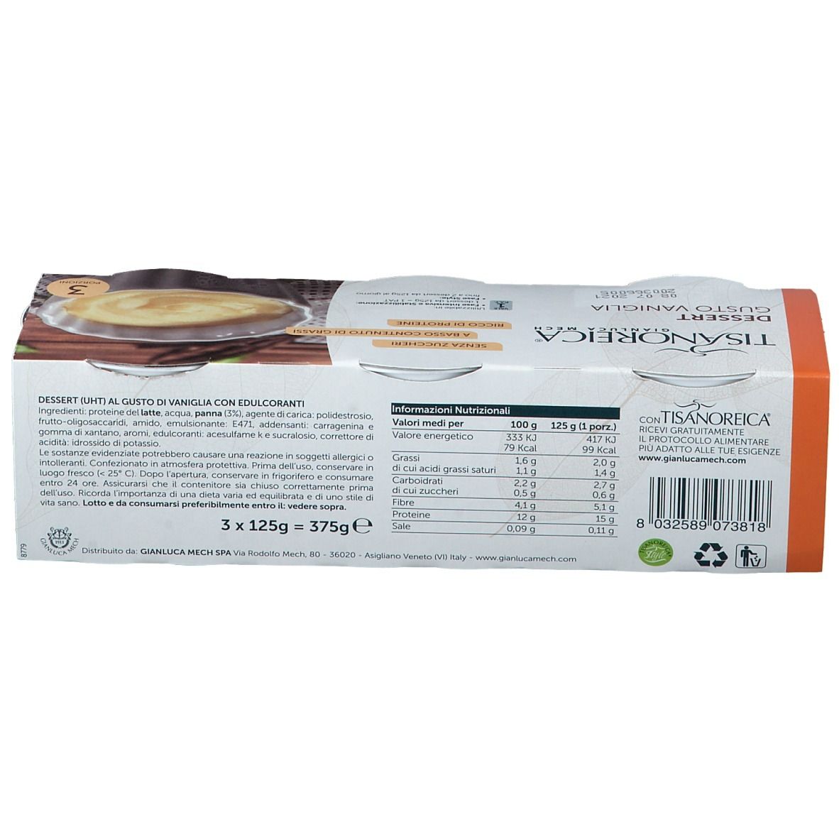 TISANOREICA® Dessert Vanille. Verpackung mit Nährwertangaben und Zutatenliste. 3 x 125g = 375g. Mit Barcode und Recycling-Symbolen.