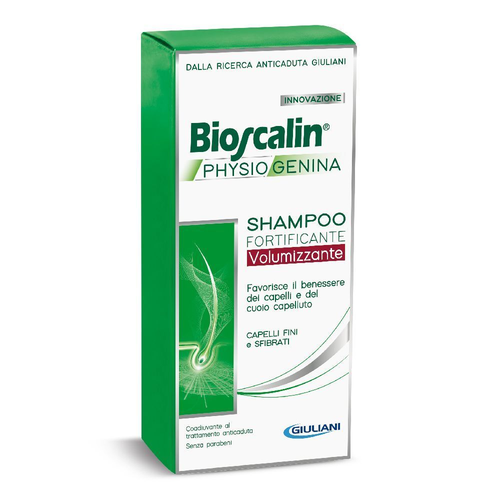 Bioscalin® Shampoo, Volumenverstärkend, in grüner Verpackung. Enthält das Logo und Produktbezeichnung.