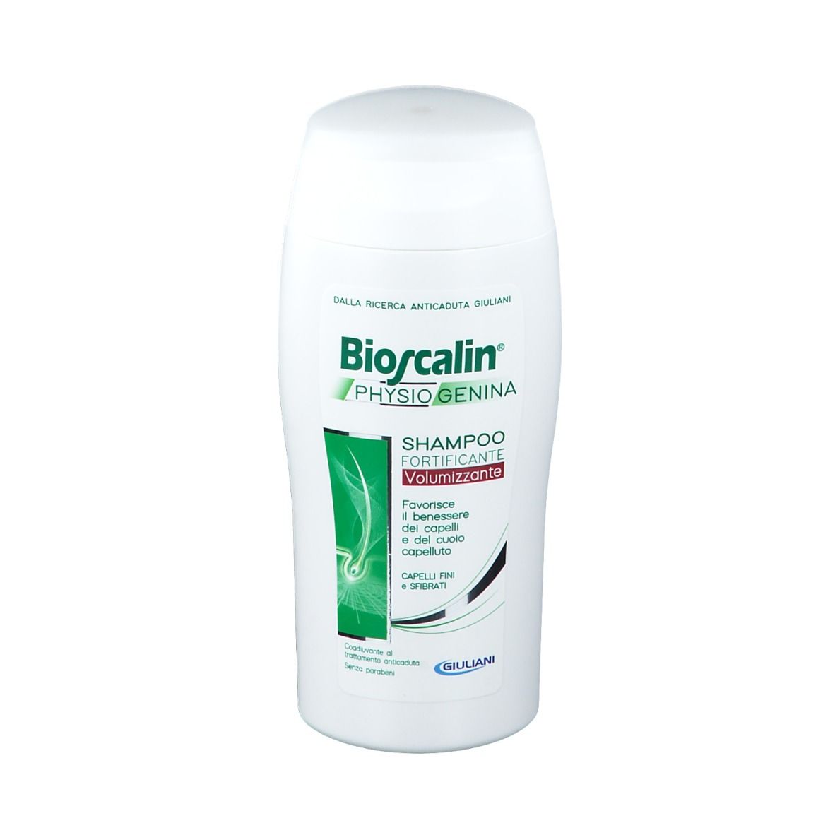 Bioscalin® Shampoo, Volumenverstärkend, weiße Flasche mit grünem Deckel. Produktbezeichnung und Logo sichtbar.