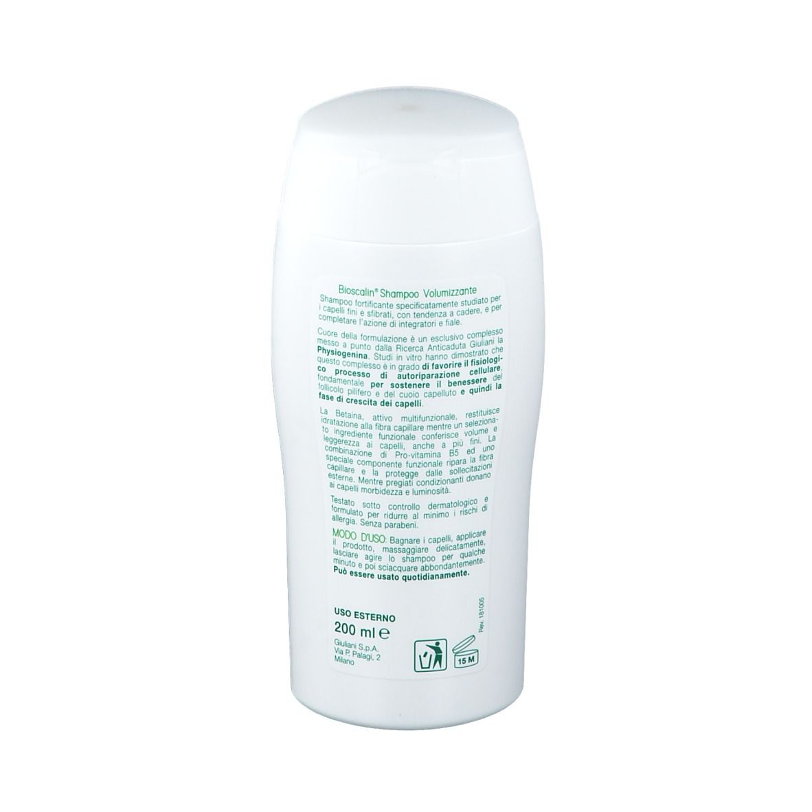 Rückseite der weißen Bioscalin® Shampoo-Flasche. Textinformationen und Logo sichtbar.