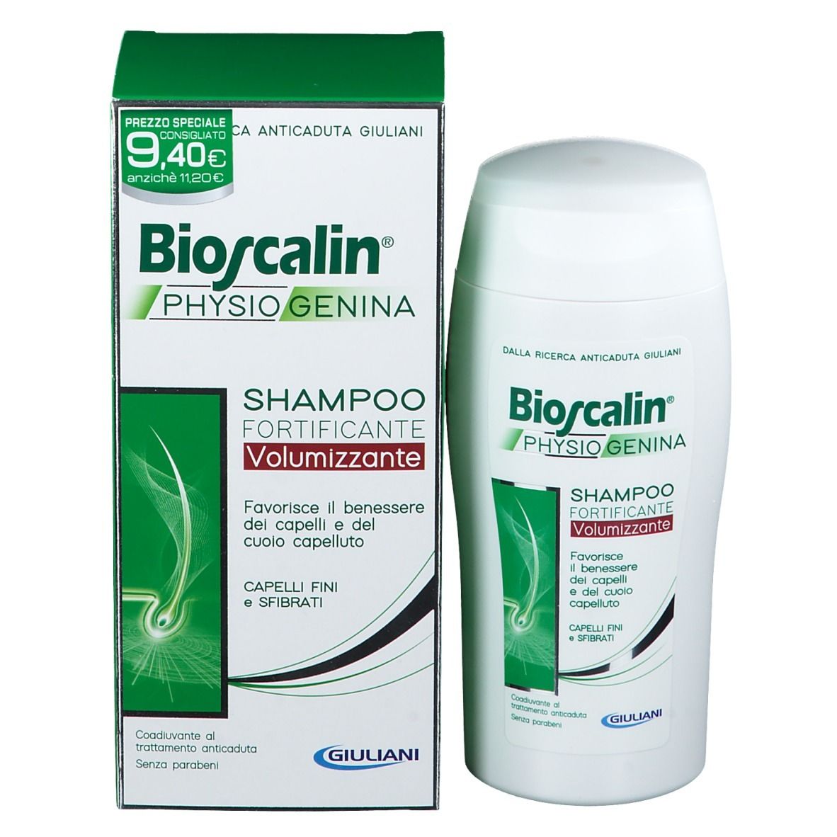 Bioscalin® Shampoo und Verpackung. Shampoo-Flasche neben der grünen Schachtel. Produktbezeichnung und Logo.