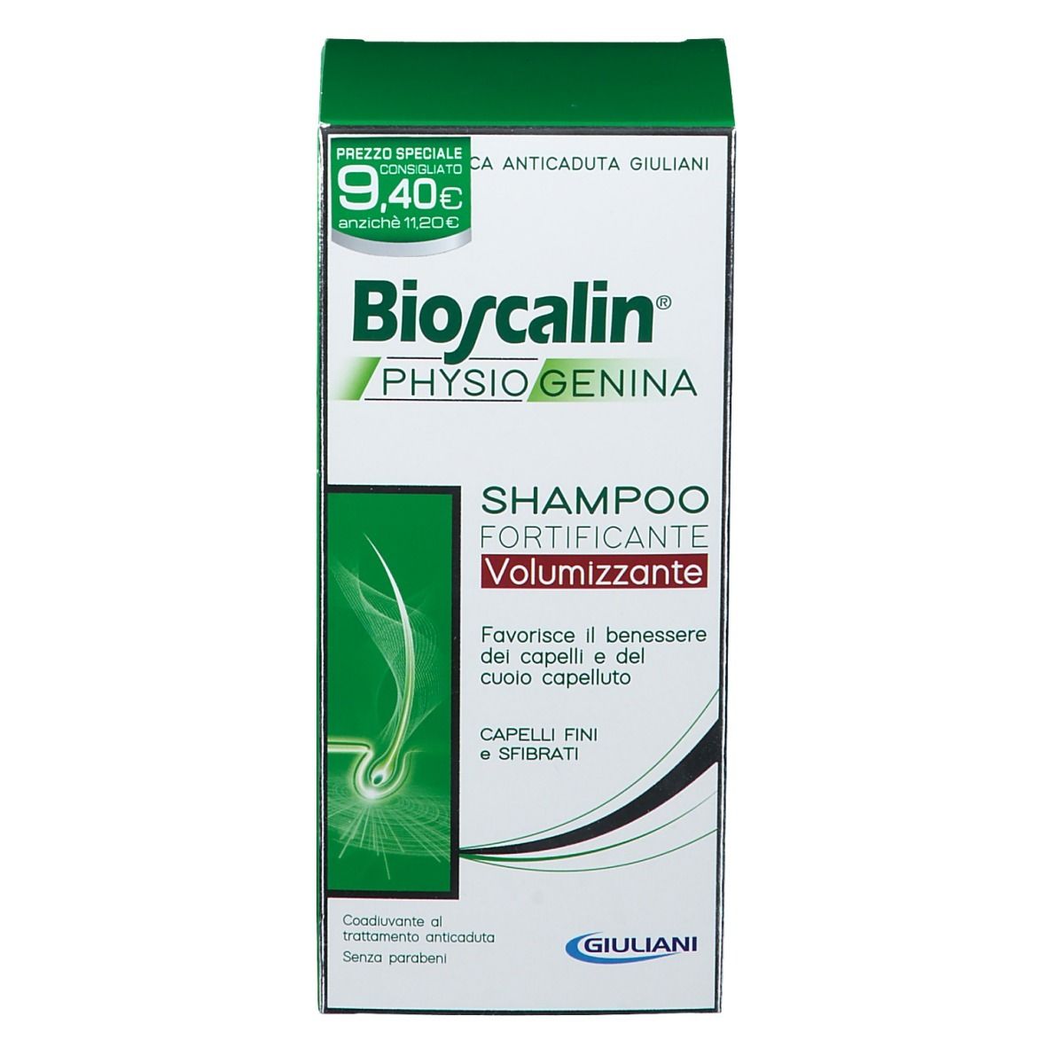 Grüne Verpackung von Bioscalin® Shampoo. Produktbezeichnung, Logo und Preisetikett sichtbar.