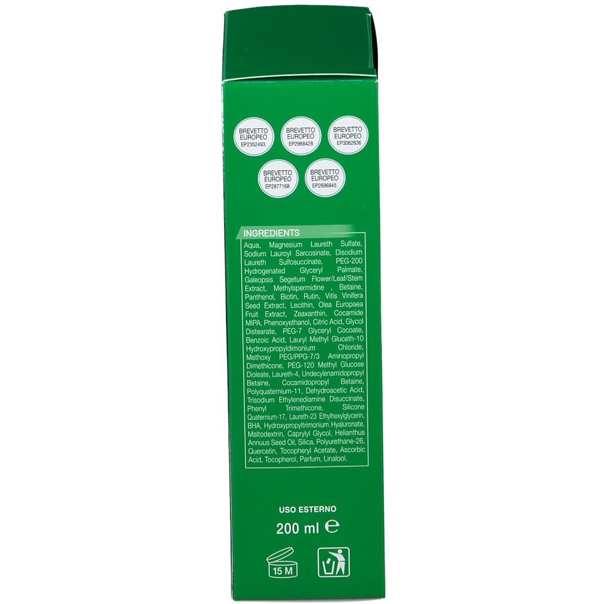 Rückseite der grünen Bioscalin® Shampoo-Verpackung. Zutatenliste und Textinformationen.