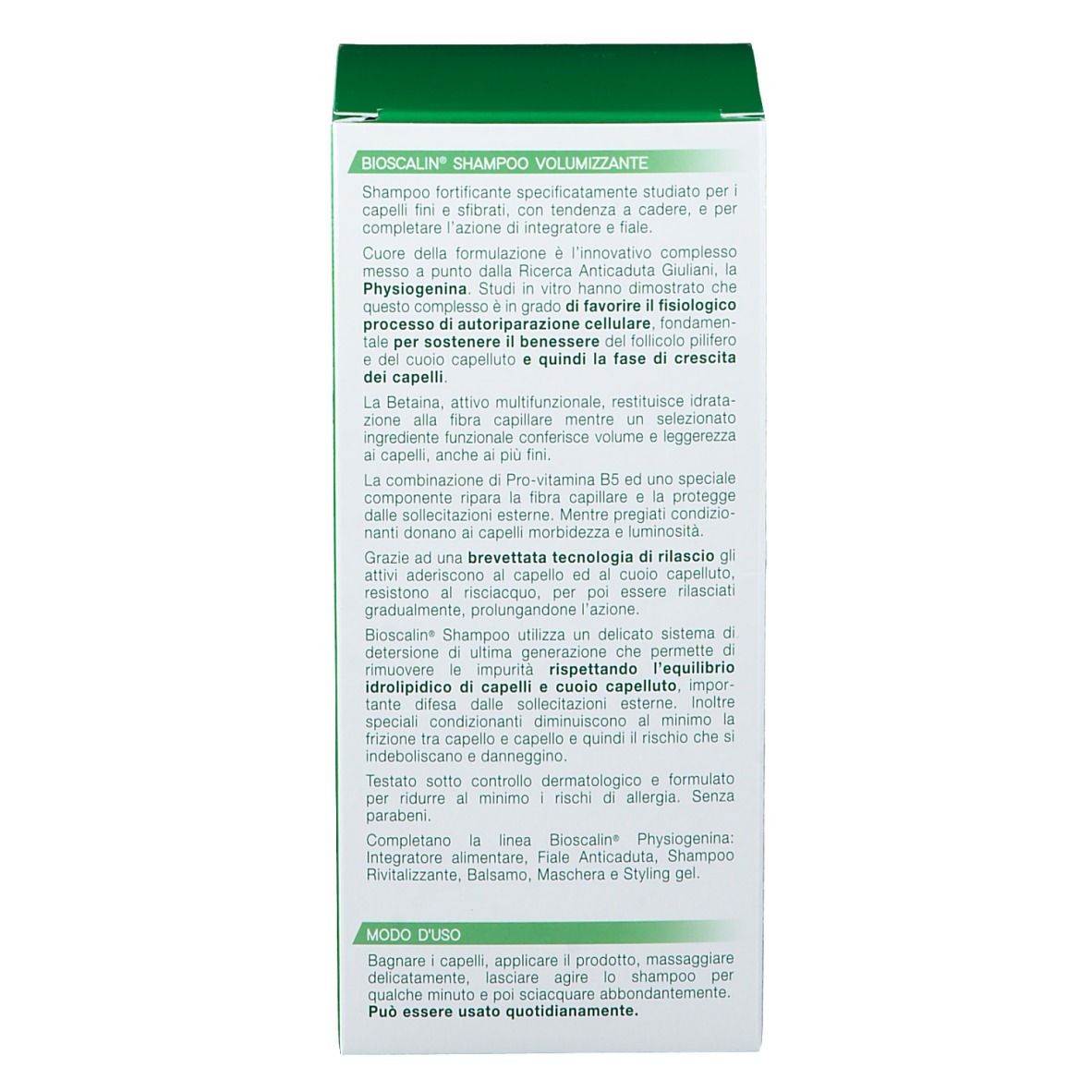 Rückseite der grünen Bioscalin® Shampoo-Verpackung. Textinformationen und Anwendungsanweisungen.
