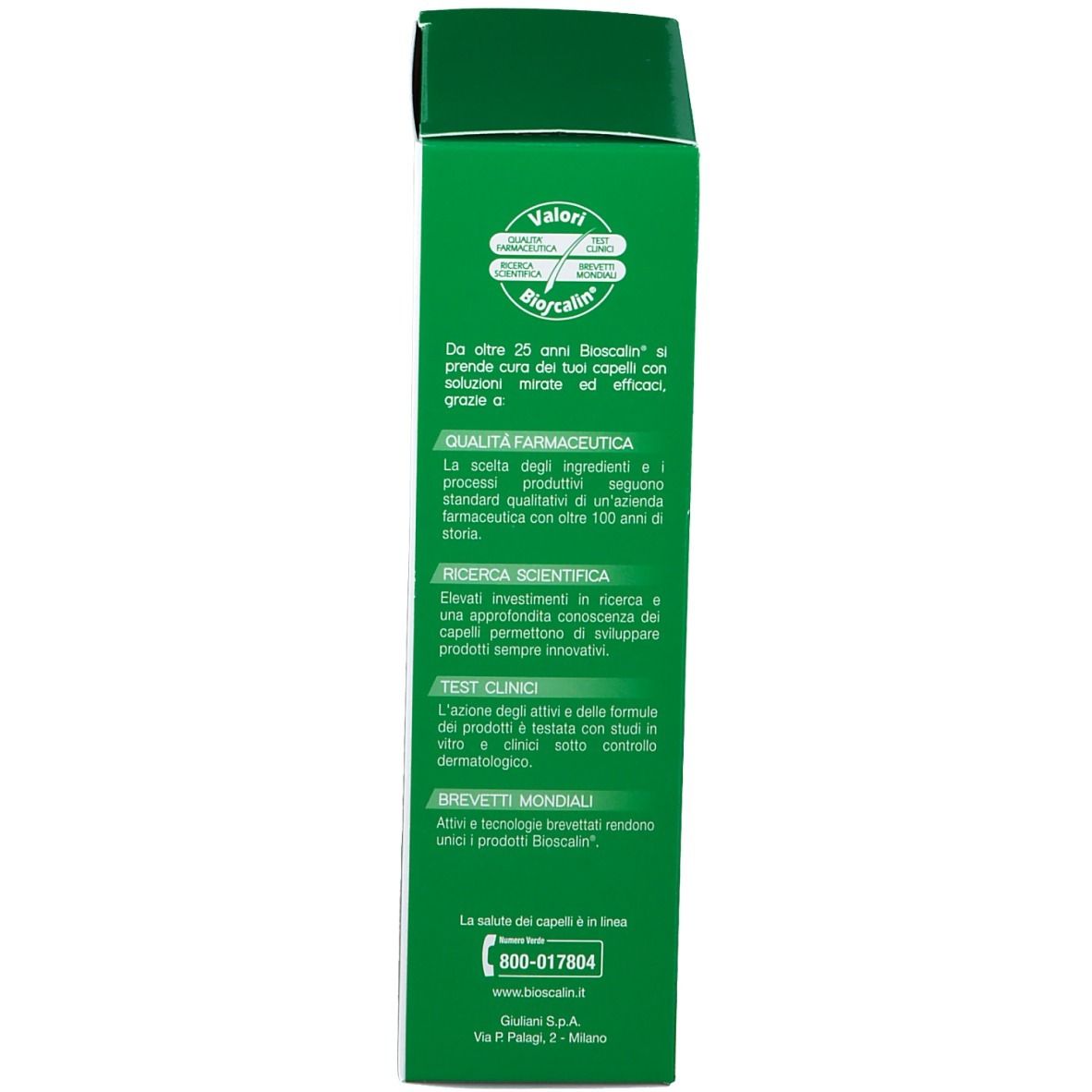 Rückseite der grünen Bioscalin® Shampoo-Verpackung. Informationen zu Qualität und Kontakt.