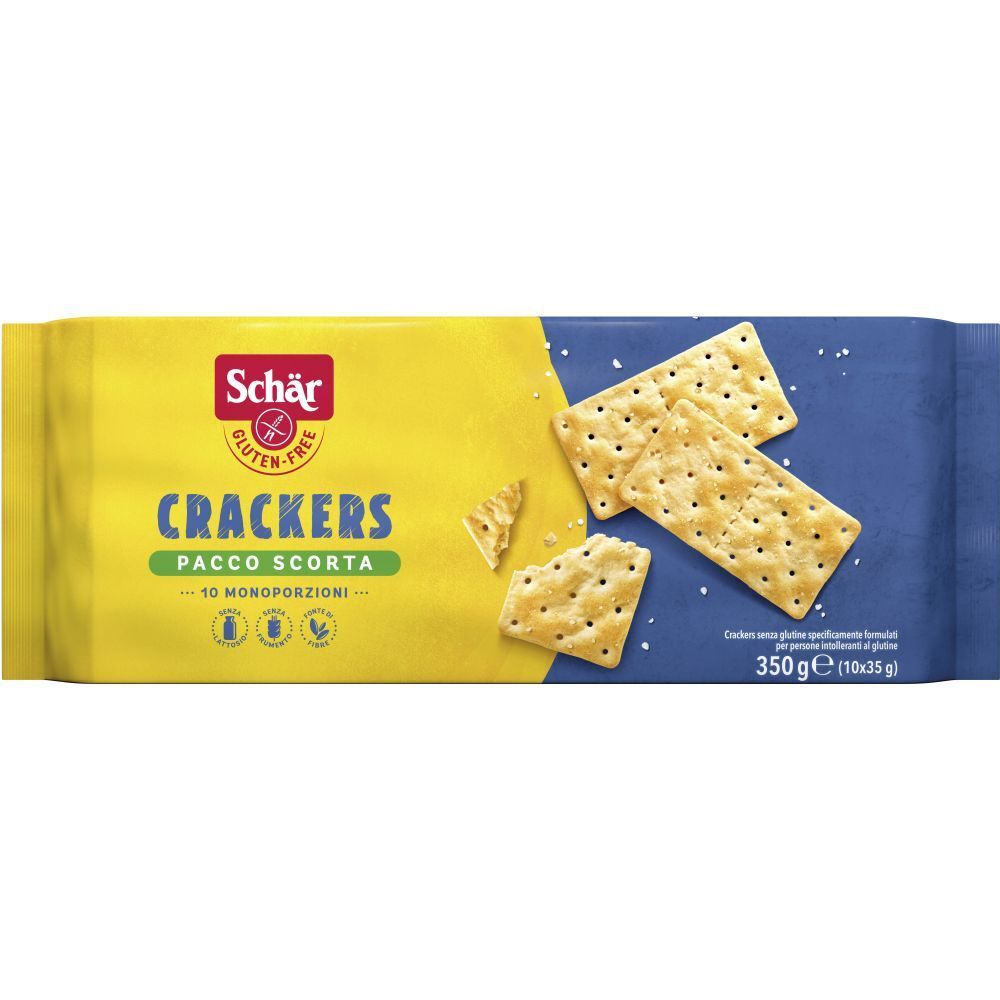 Verpackung Schar® Crackers. Gelb-blaue Verpackung mit Produktnamen und glutenfrei-Logo. Einige Cracker sind sichtbar.
