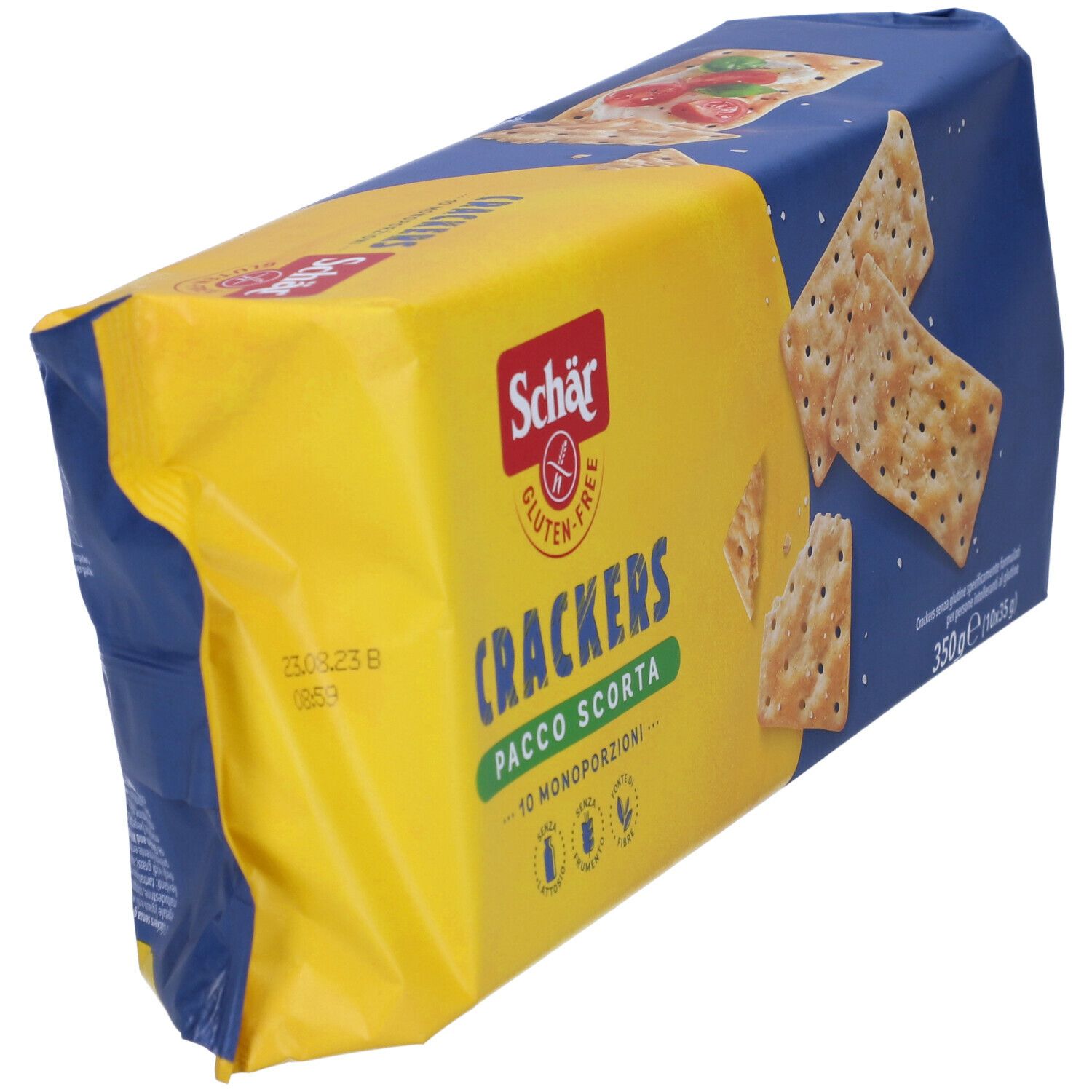 Schar® Crackers-Verpackung. Gelb-blaue Verpackung mit Produktnamen und glutenfrei-Logo. Perspektivische Ansicht.