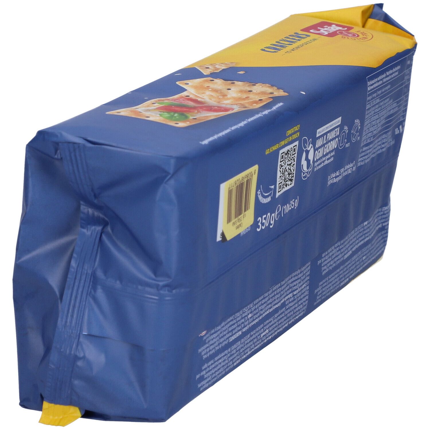 Schar® Crackers-Verpackung. Blaue Verpackung mit Text und Nährwertangaben. Perspektivische Ansicht.