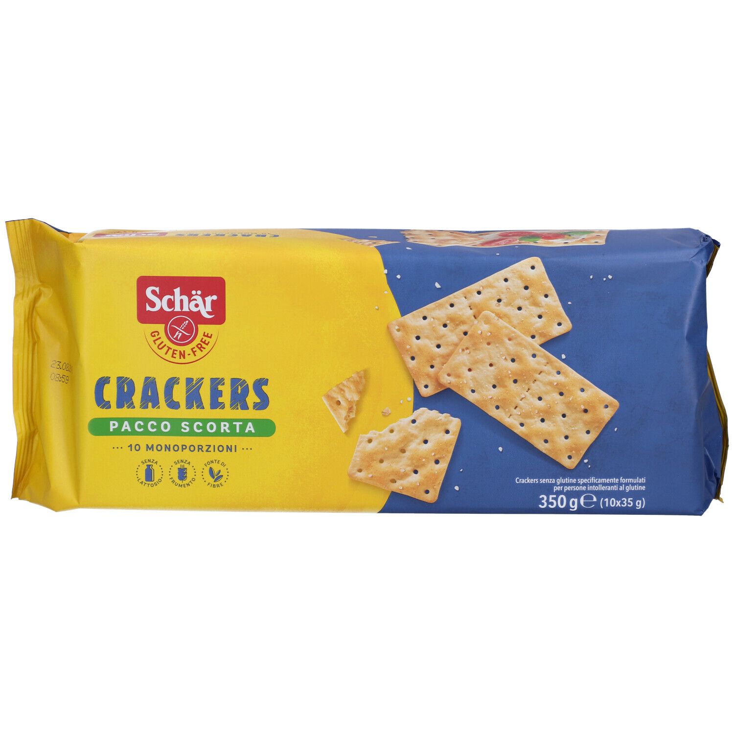 Verpackung Schar® Crackers. Gelb-blaue Verpackung mit Produktnamen und glutenfrei-Logo. Einige Cracker sind sichtbar.