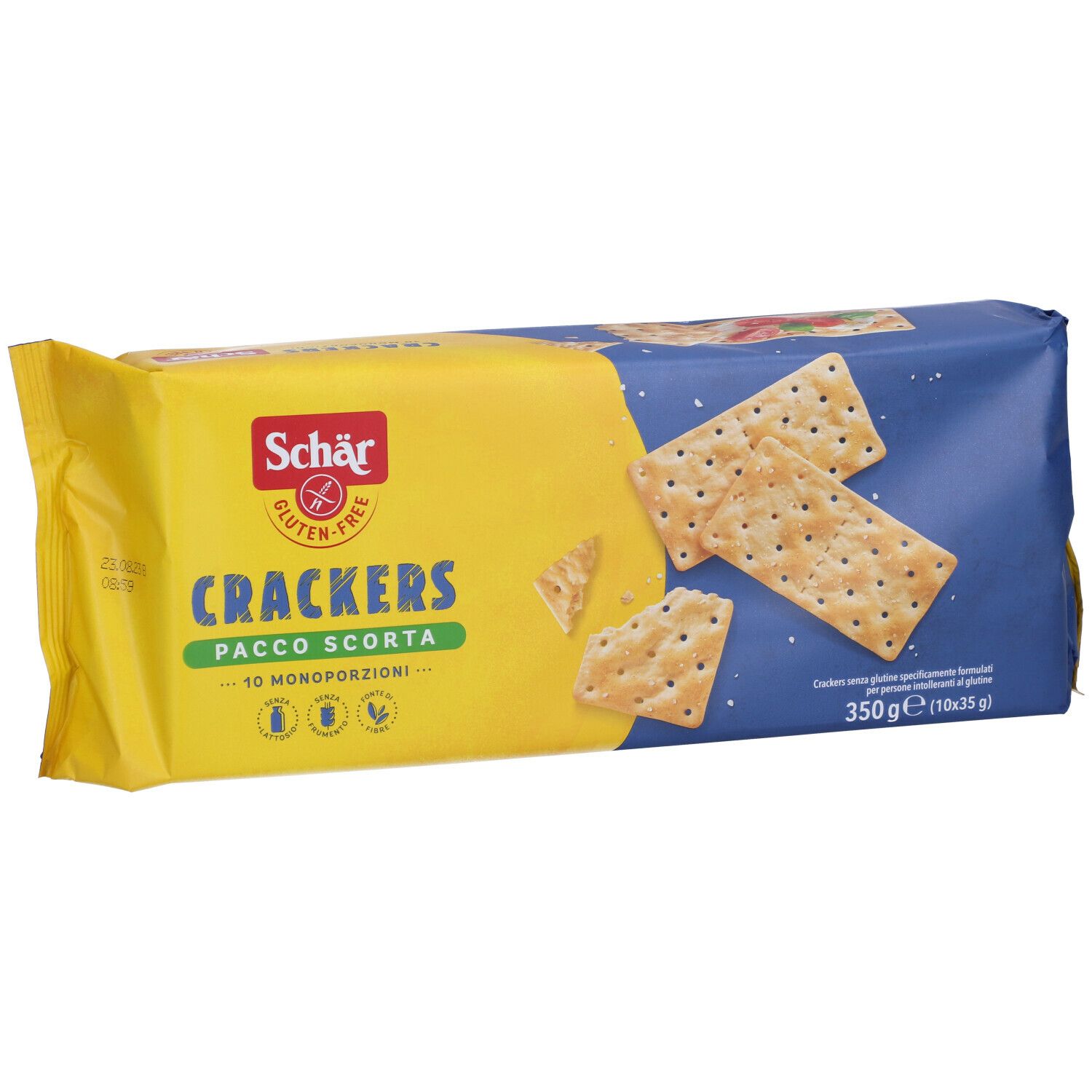 Schar® Crackers-Verpackung. Gelb-blaue Verpackung mit Produktnamen und glutenfrei-Logo. Einige Cracker sind sichtbar.