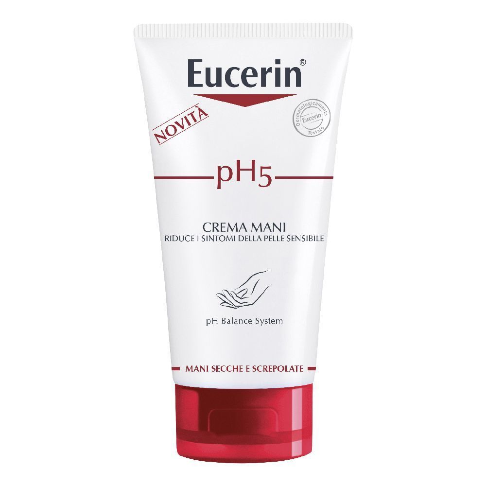 Weiße Tube mit rotem Deckel. Eucerin pH5 Handcreme, pH5-Logo, Schriftzug 'CREMA MANI'.