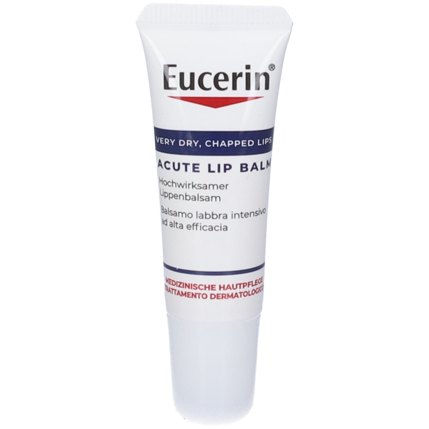 Weiße Tube mit roter und blauer Schrift. Enthält Lippenbalsam. Marke Eucerin.