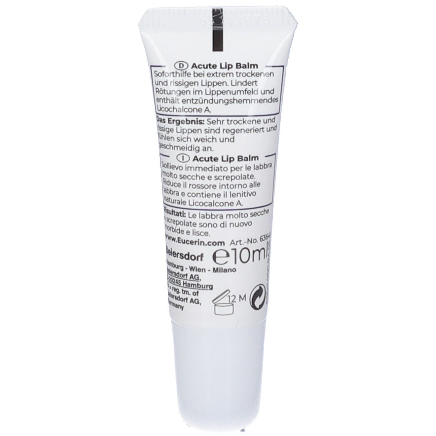 Rückseite der Tube. Text in Deutsch und Italienisch. Enthält Informationen zum Produkt.