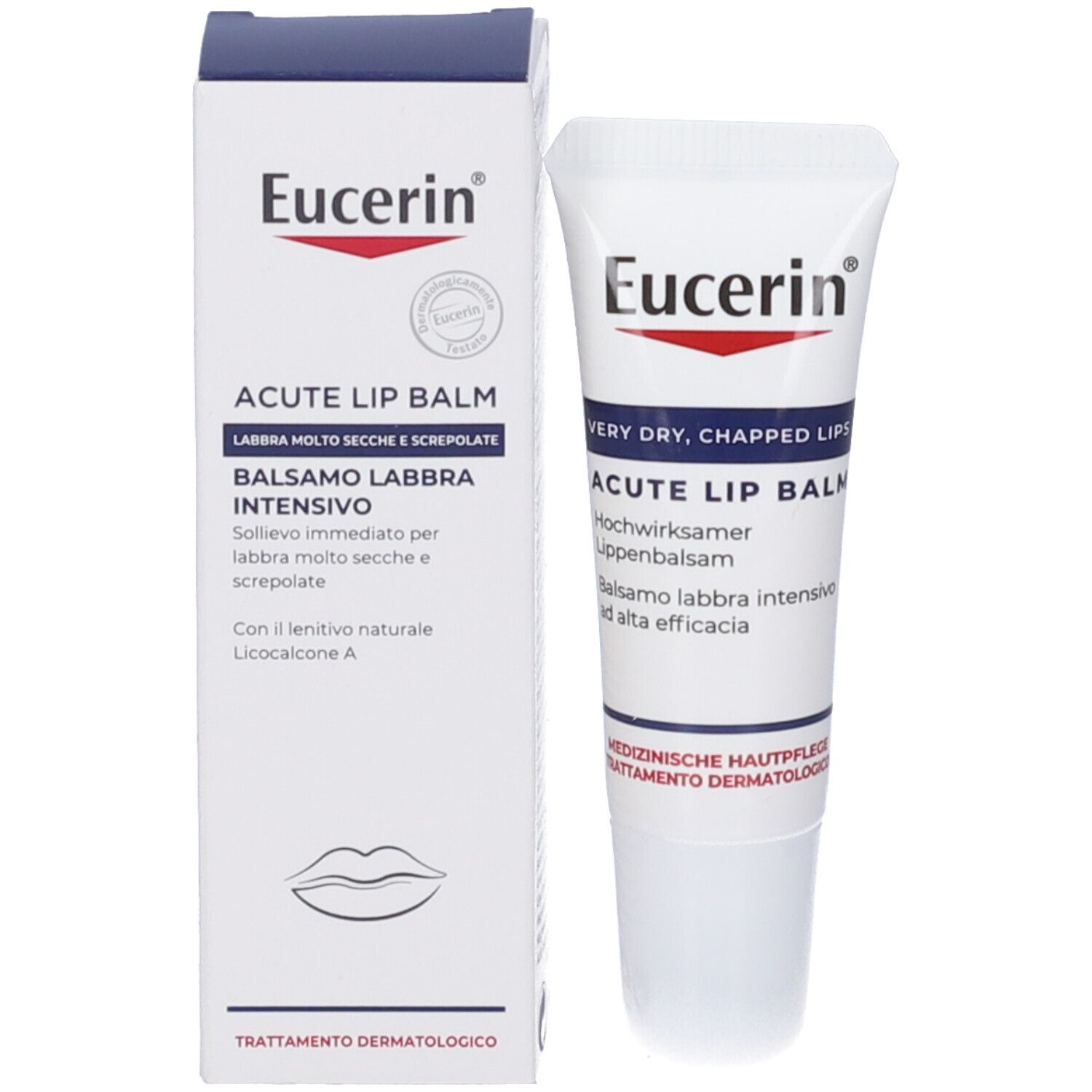 Produktverpackung mit Tube. Weiße Schachtel mit blauer Schrift. Marke Eucerin.